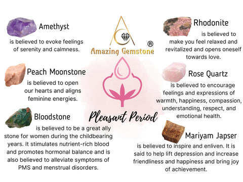 Crystals for Pleasant Period Menstrual Cycle Menses, Set of 6 Blood Stone, Rose Quartz, Peach Moonstone, Mariyam Jasper and Rhod