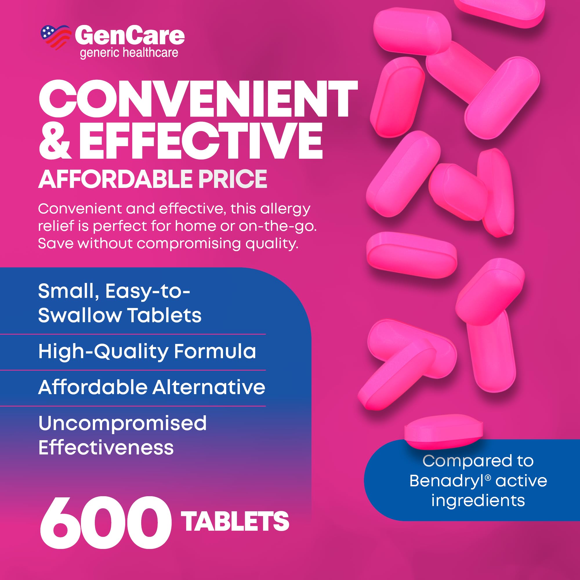 GenCare - Allergy Relief Medicine | Antihistamine Diphenhydramine 25mg (600 Tablets Per Bottle) Value Pack | Relieve for Itchy E