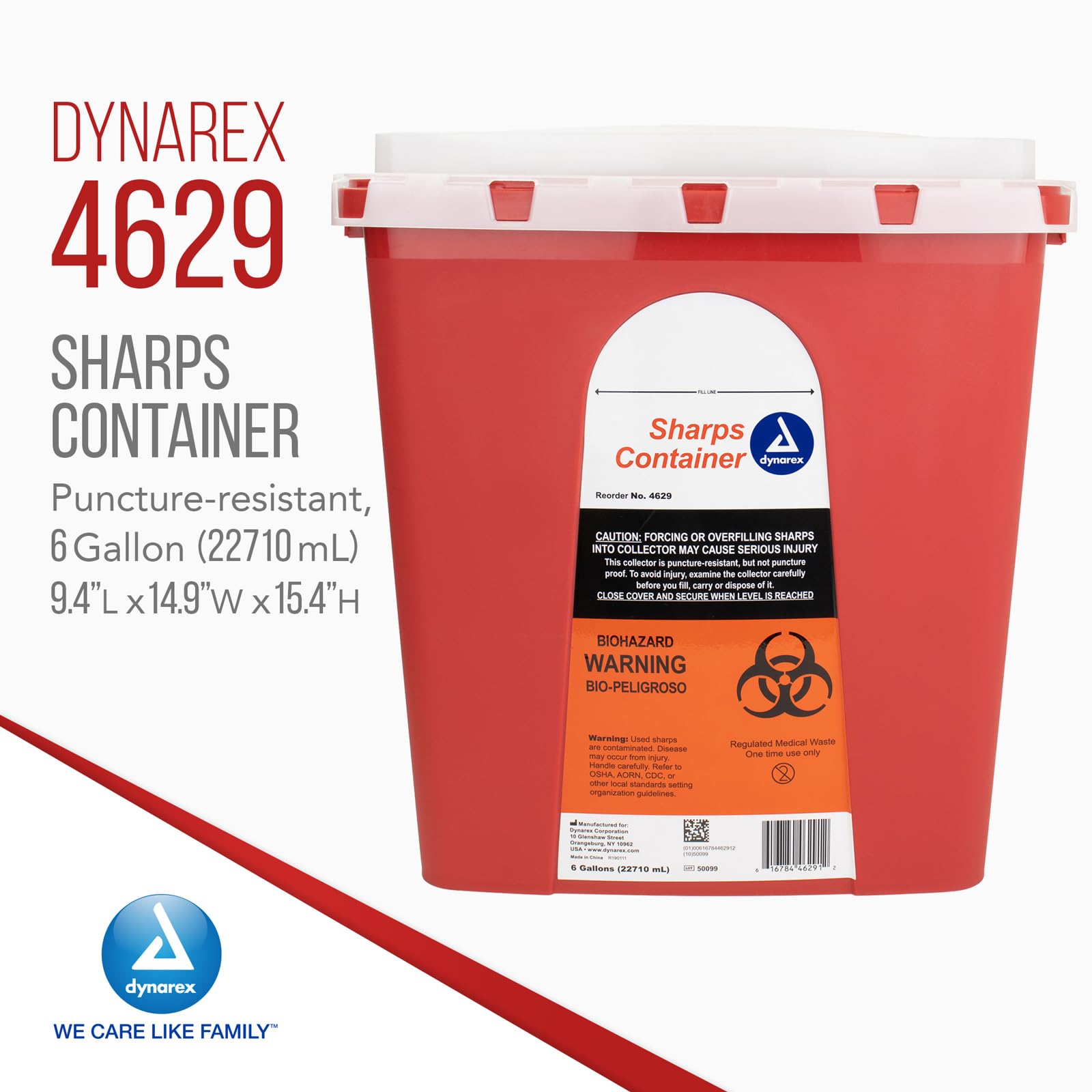 Dynarex 4629 Sharp Container, Provides a Safe Disposal of Medical Waste and Needles, Non-Sterile & Latex-Free, 6 Gallons, Made w