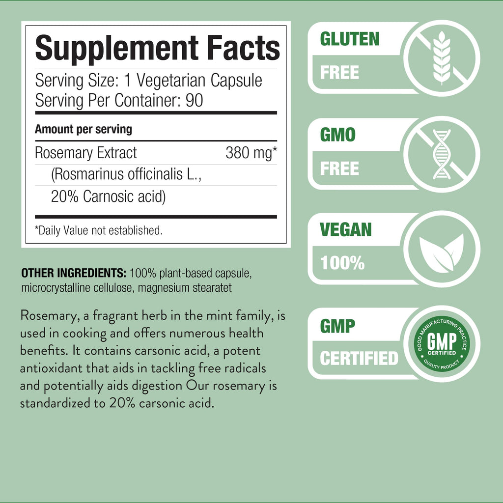 Nature Restore Rosemary Extract Supplement, Standardized to 20 Percent Carnosic Acid, 90 Capsules, Manufactured in USA, Non GMO,
