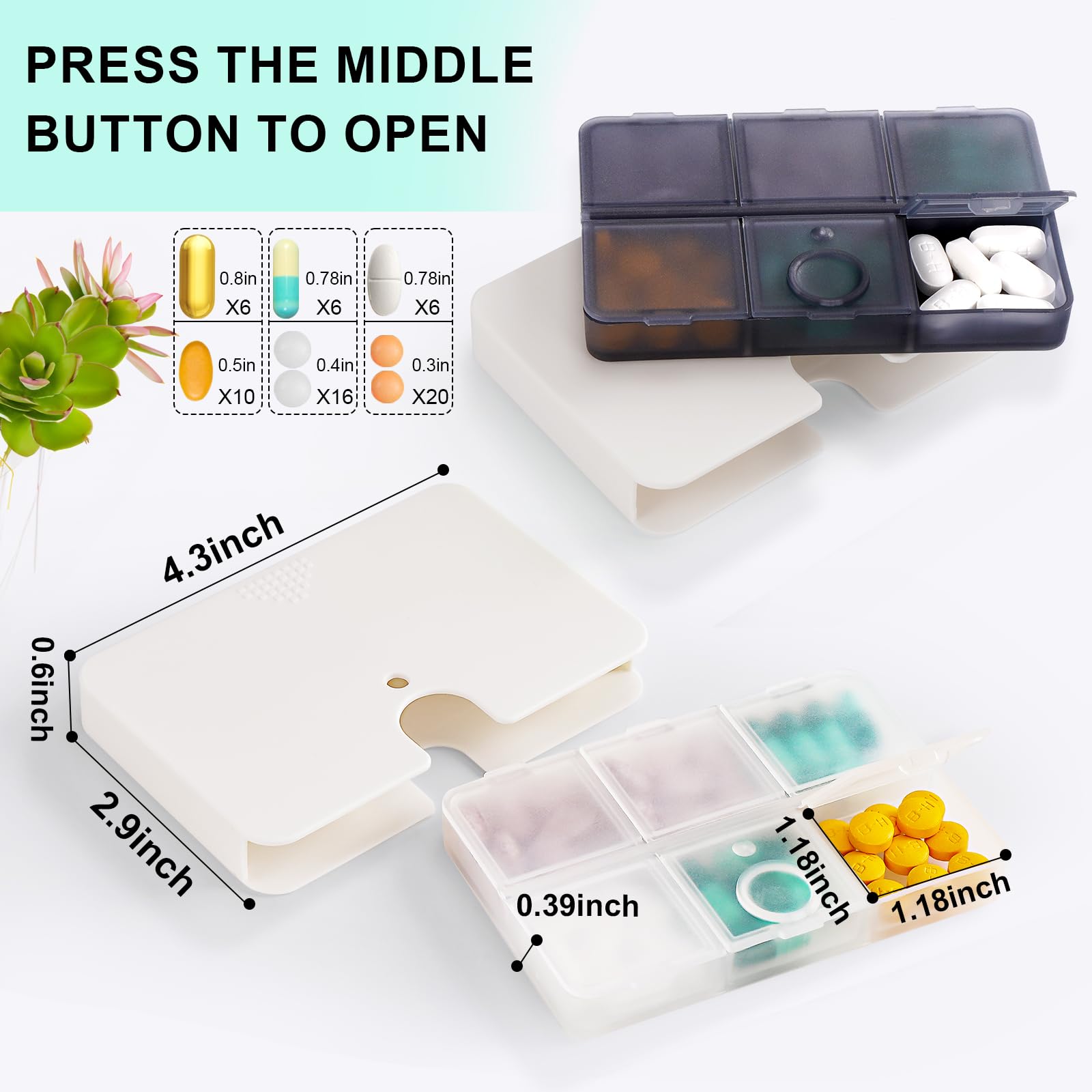 Portable Pill Organizer, 6 Compartments Travel Pill Case for Purse or Pocket -Small Pillbox Dispenser Home Travel Supplement Hol