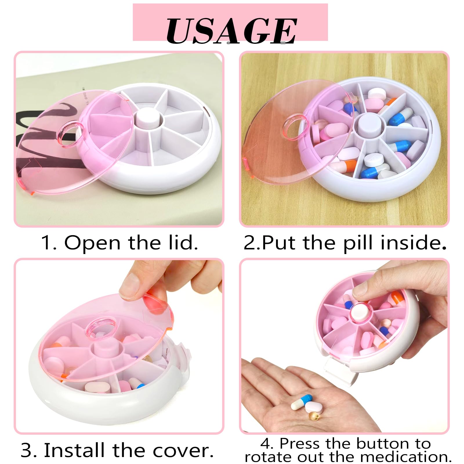 Pill Organizer Travel Pill Case for Purse Portable Pill Box Round Weekiy Pill Container for Vitamin Fish Oil Pills Supplements (