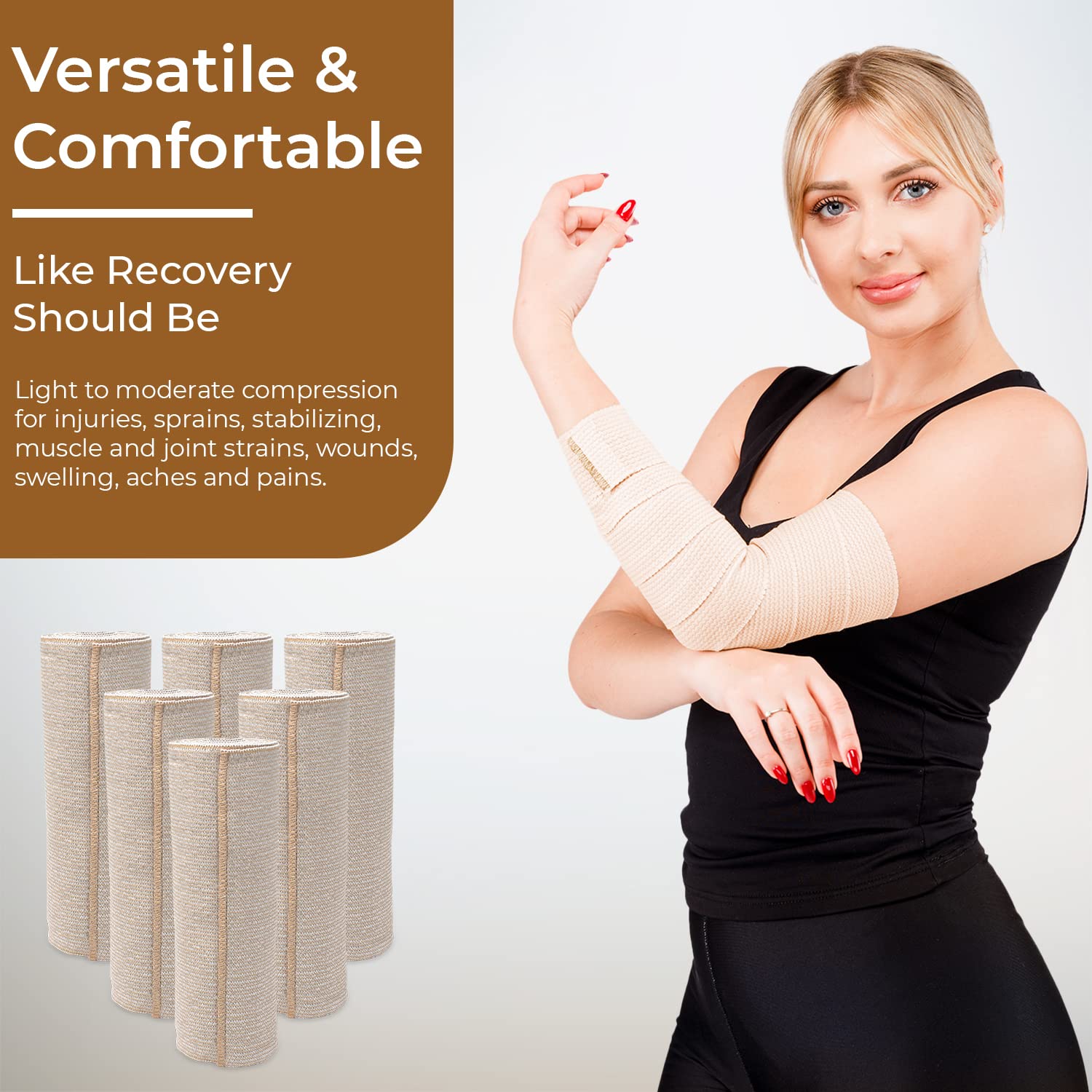 Nexskin 6 Letex Free Bandges - Comfort Elastic Bandage with Single Hook & Loop Closure - Beige, 6 Pack