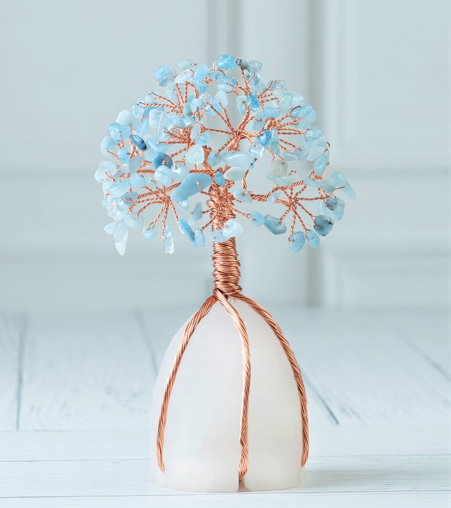 Aquamarine Gemstone Tree of Life - Natural Quartz Stone Base, Copper Wire Money Tree, Crystal for Positive Energy - Attract Good