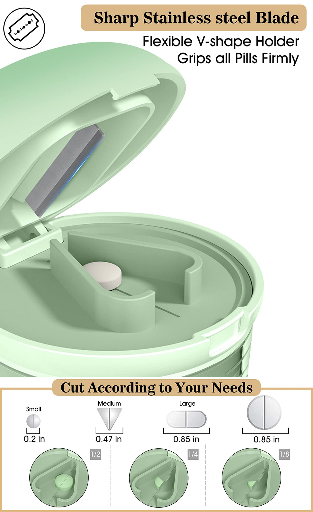 Pill Cutter Splitter with Dispenser, Pill Cutter for Small or Large Pills, Crushes Pills, Vitamins, Tablets, Stainless Steel Bla