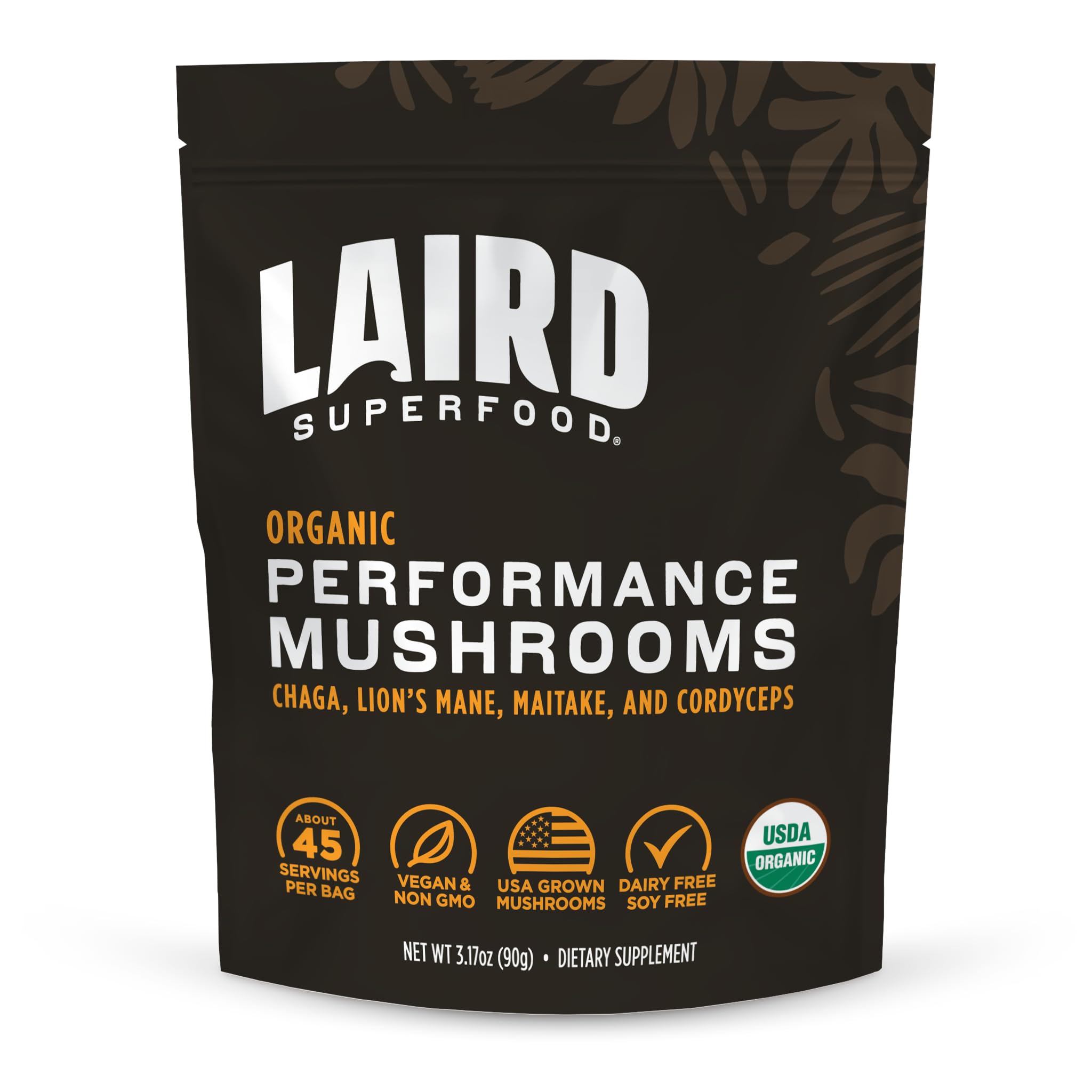 Laird Superfood Organic Performance Mushroom Blend with Chaga, Cordyceps, Lions Mane and Maitake for Energy and Cognition, 3.17