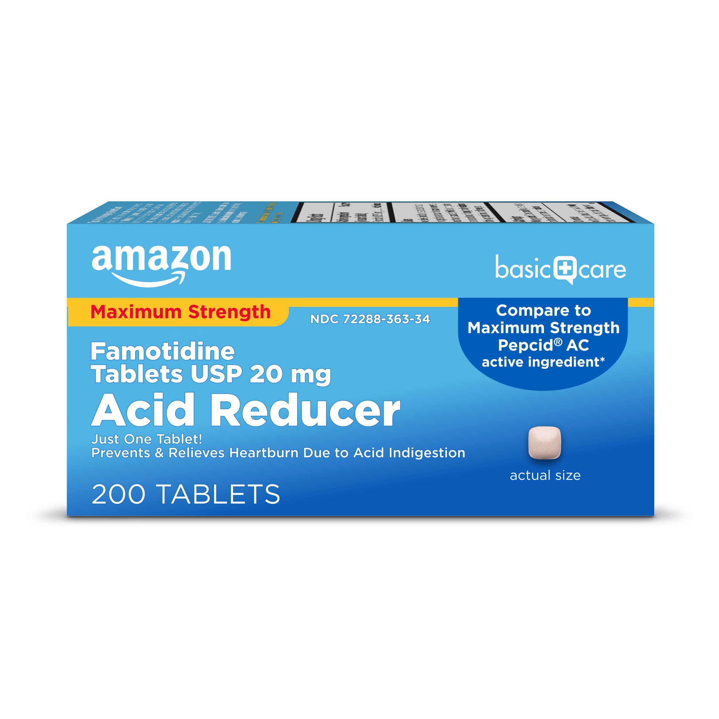 Amazon Basic Care Maximum Strength Famotidine Tablets 20 mg, Acid Reducer Pills for Heartburn Relief, 200 Count (Packaging may v