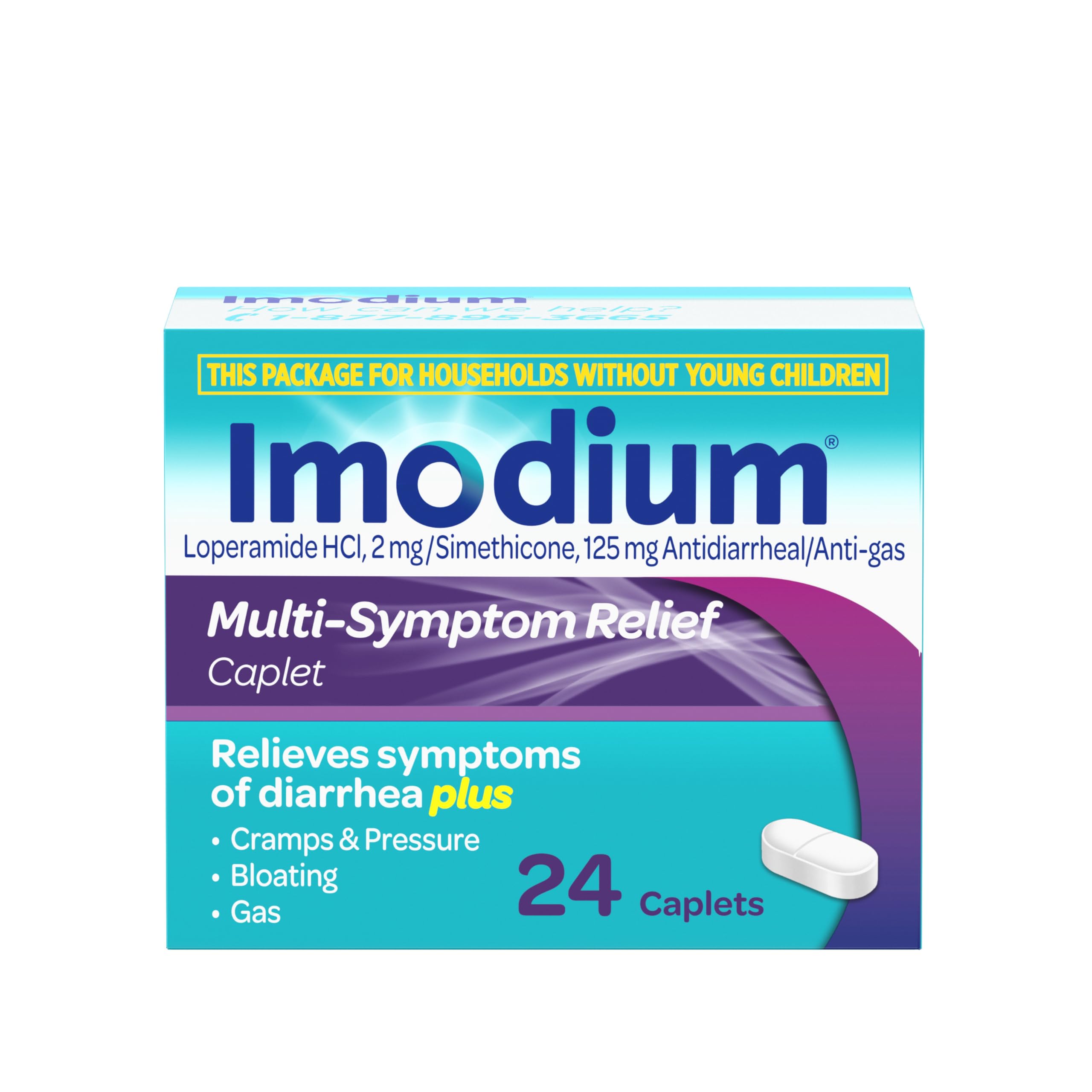 Imodium Multi-Symptom Relief Caplets with Loperamide Hydrochloride & Simethicone, Anti-Diarrheal Medicine for Treatment of Diarr