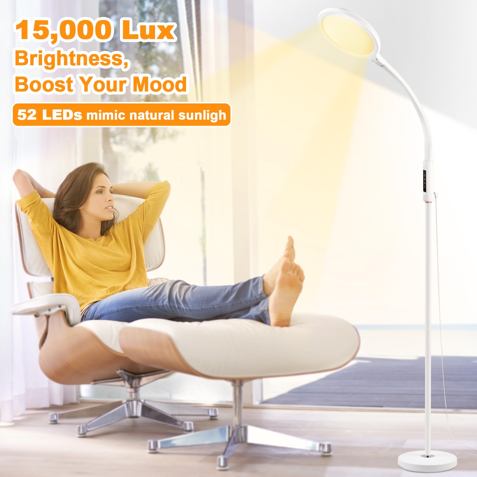 LIGHTMEUP Light Therapy Lamp - 15000 Lux Full Spectrum Happy LED UV-Free Sun Light Floor Therapy Lamp with 10 Adjustable Brightn