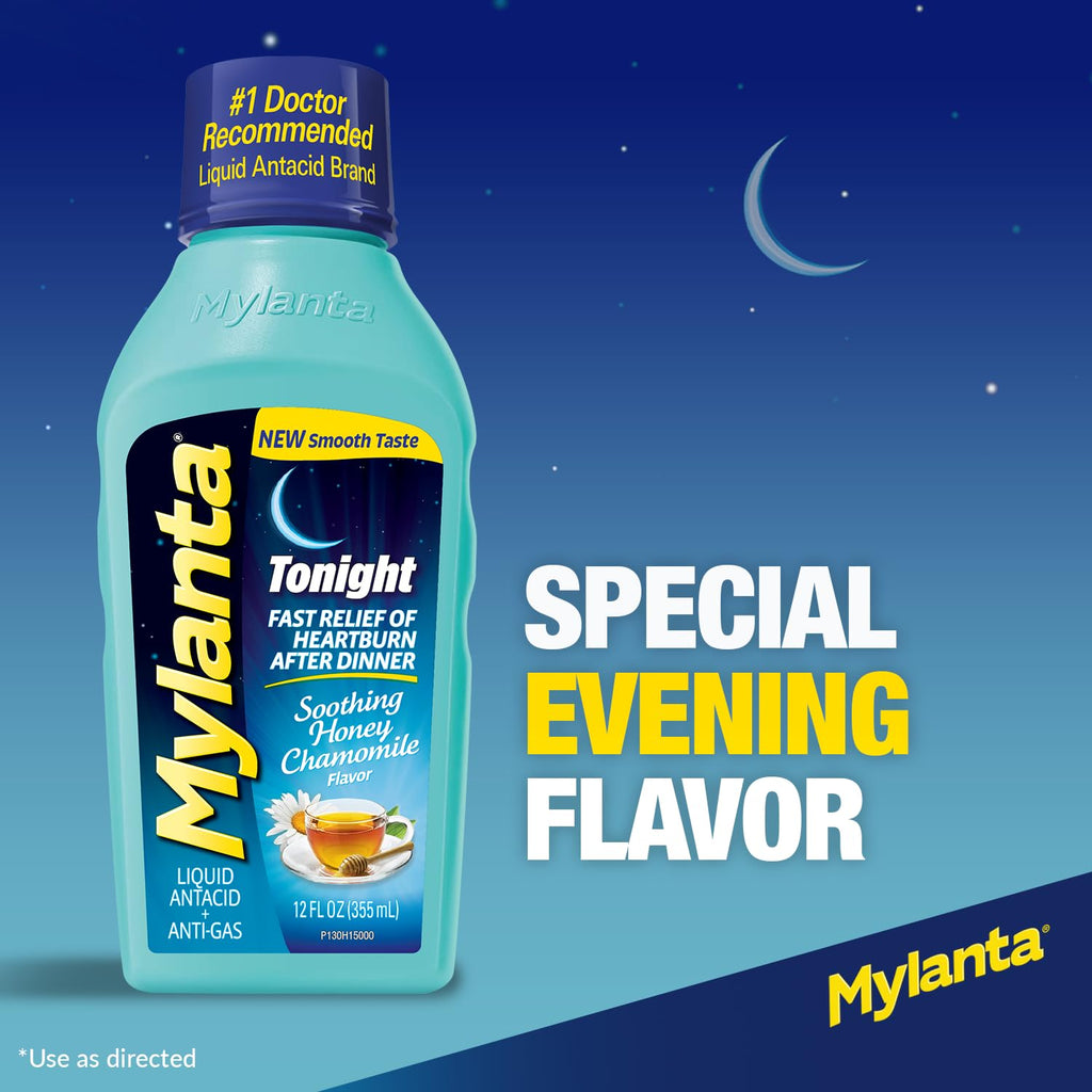 Mylanta Heartburn and Gas Relief, Liquid Antacid, Tonight Formula, Honey Chamomile Flavor, 12 Fl Oz