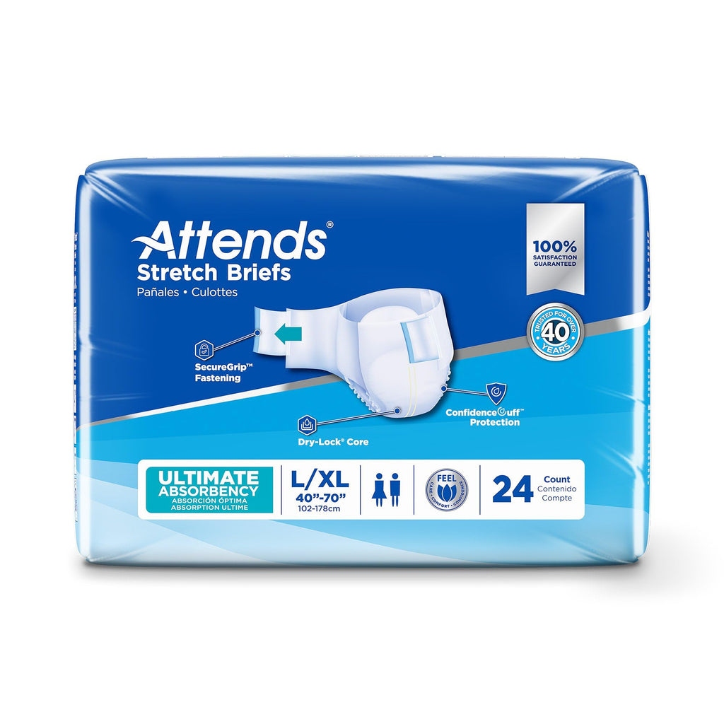 Attends Stretch Adult Disposable Briefs, Large/X-Large, 40-70 Waist with Tab Closure, Ultimate Absorbency with Dry-Lock Containm