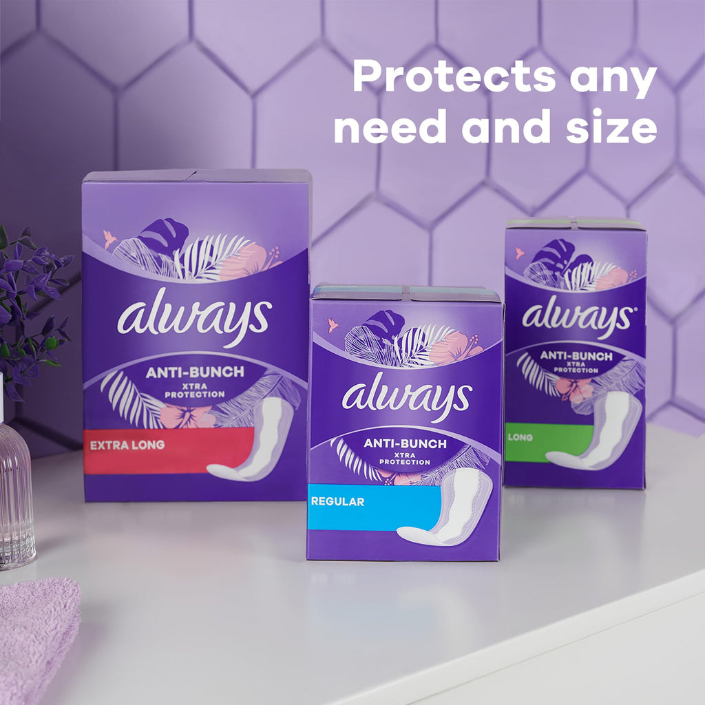 Always Anti-Bunch Xtra Protection Daily Liners, Regular Length, Unscented, 34 Count x 4 (136 Count Total) (Packaging May Vary)