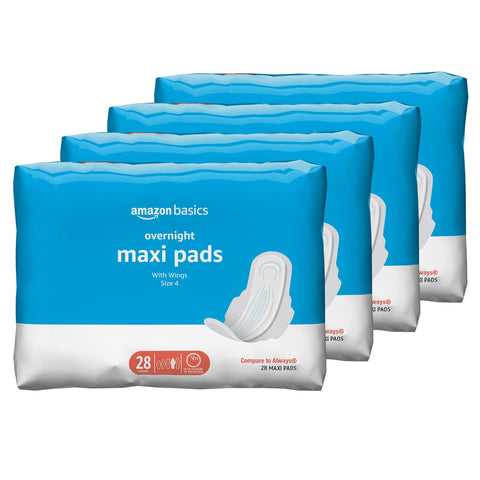 Amazon Basics Thick Maxi Pads with Flexi-Wings for Periods, Overnight Absorbency, Unscented, Size 4, 112 Count (4 Packs of 28) (