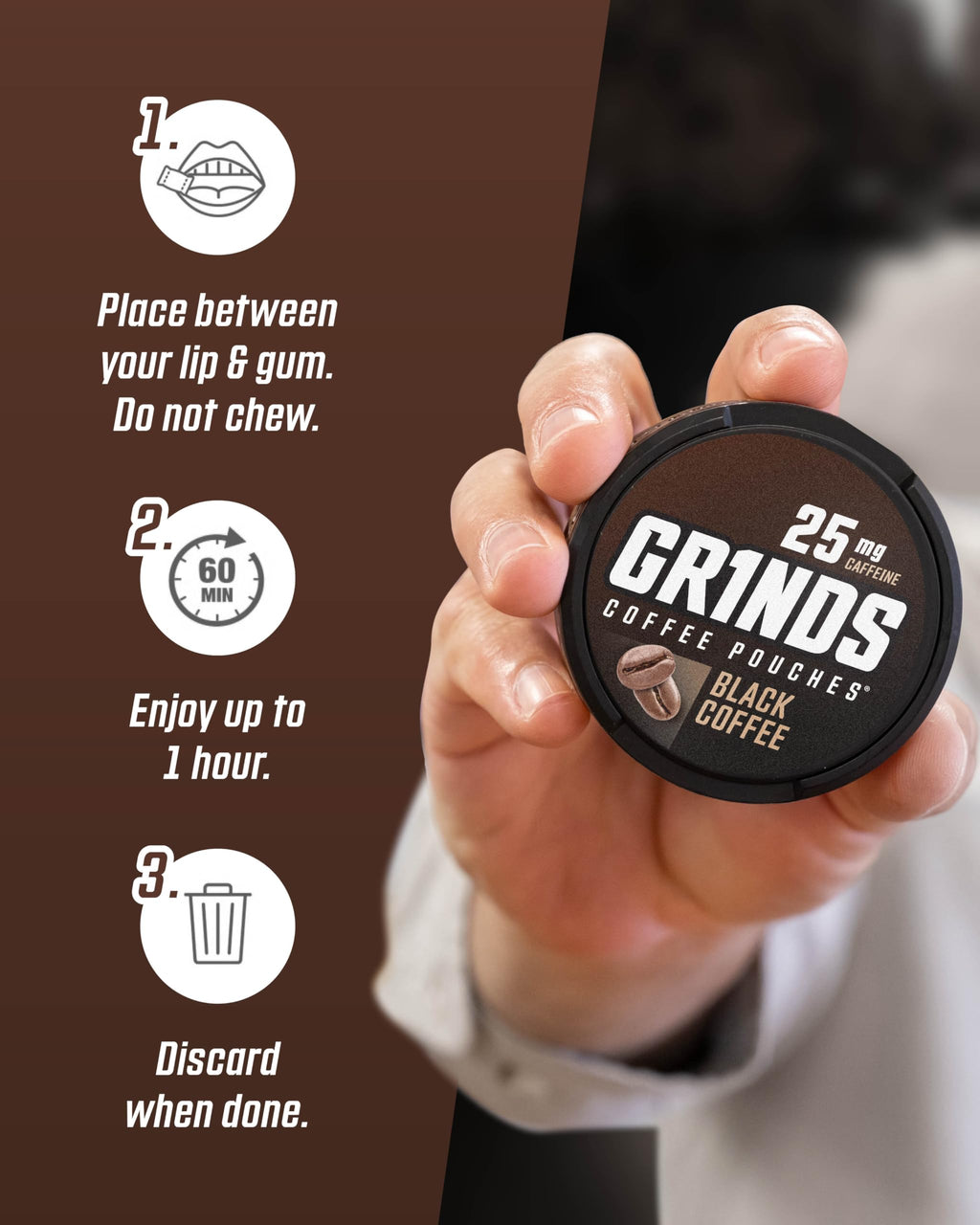 Grinds Coffee Pouches |Tobacco Free, Nicotine Free Healthy Alternative | 6 Cans of Black Coffee | 18 Pouches Per Can | 1 Pouch e