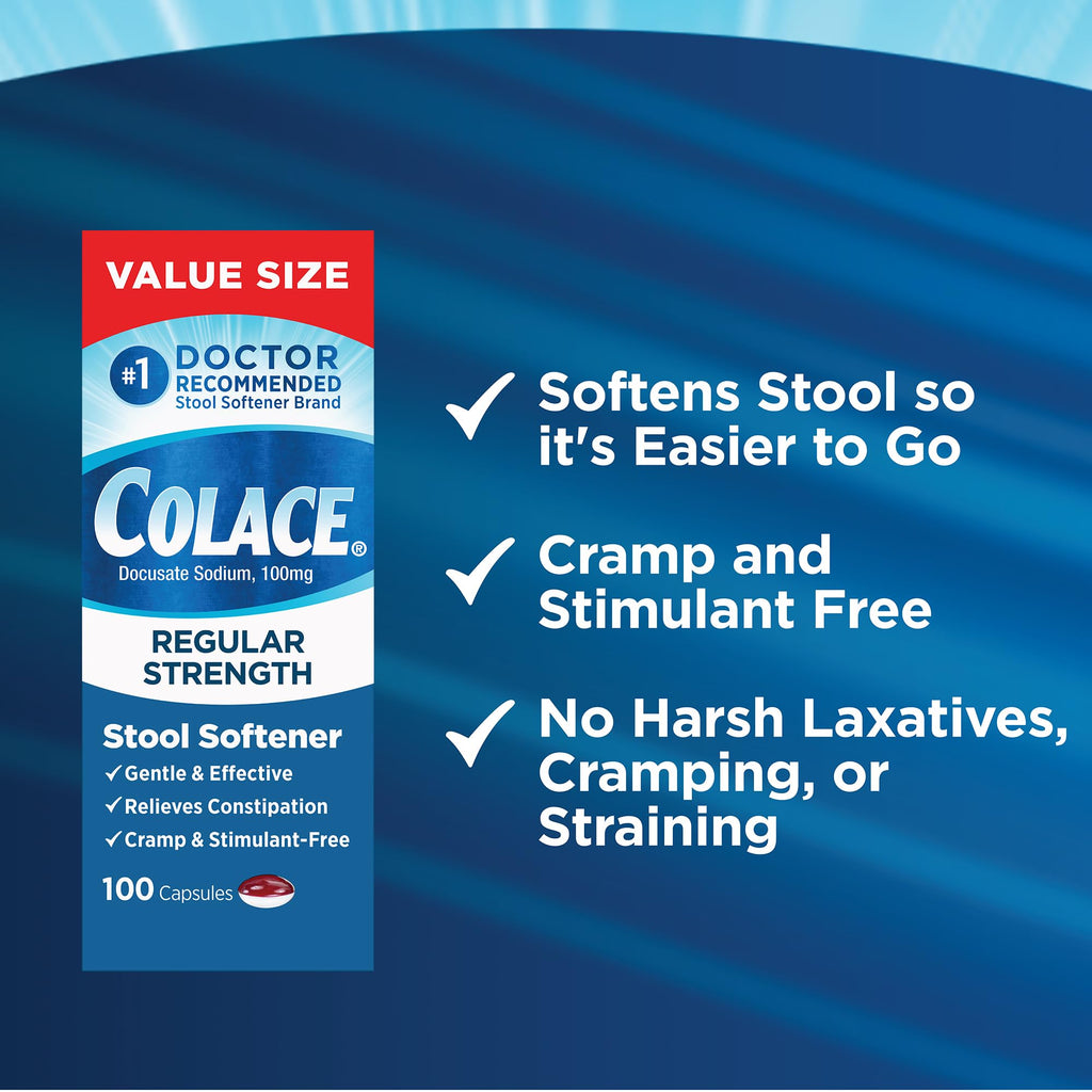 Colace Regular Strength Stool Softener 100 mg Capsules 100 Count Docusate Sodium Stimulant-Free for Gentle, Dependable Occasiona