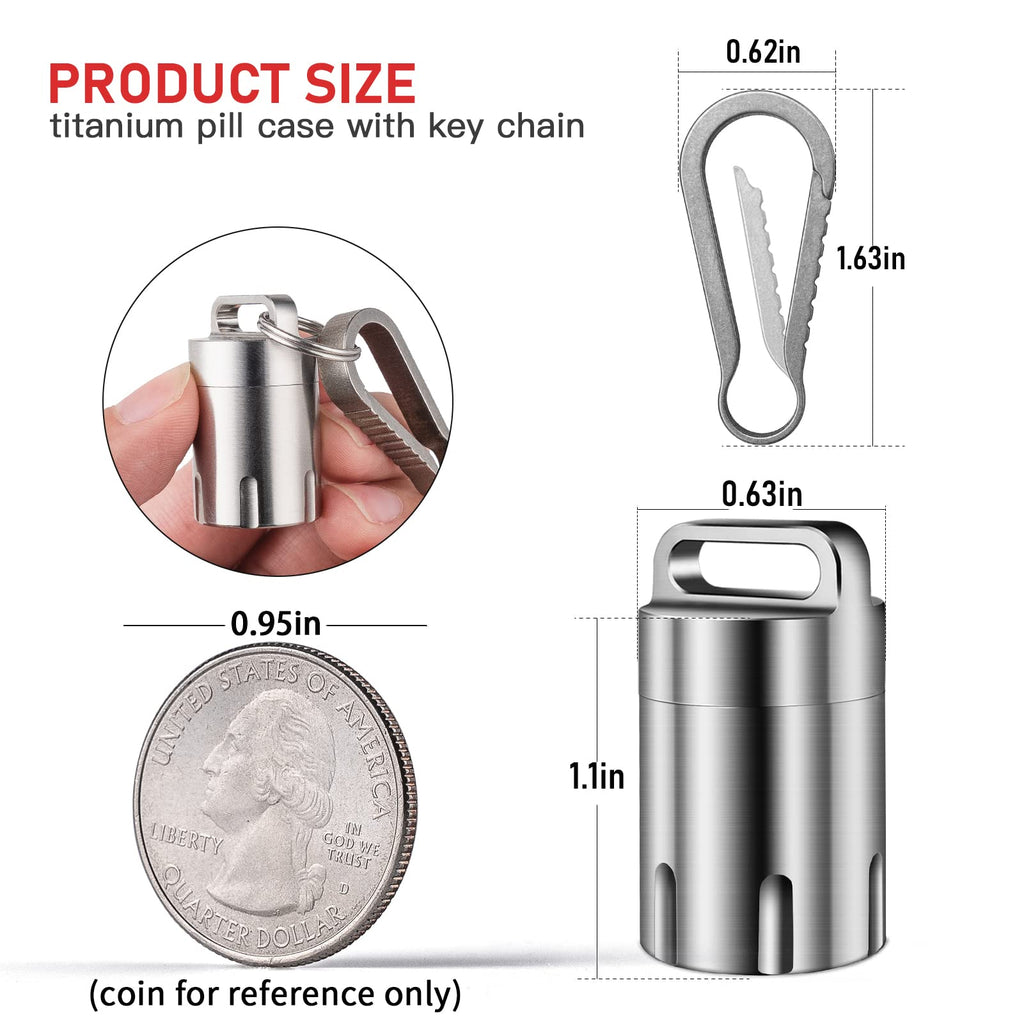 TISUR Titanium Small Pill Holder Keychain, Portable Pill Case Waterproof Pocket Pill Box Container Carrier to Hold Pills, Vitami