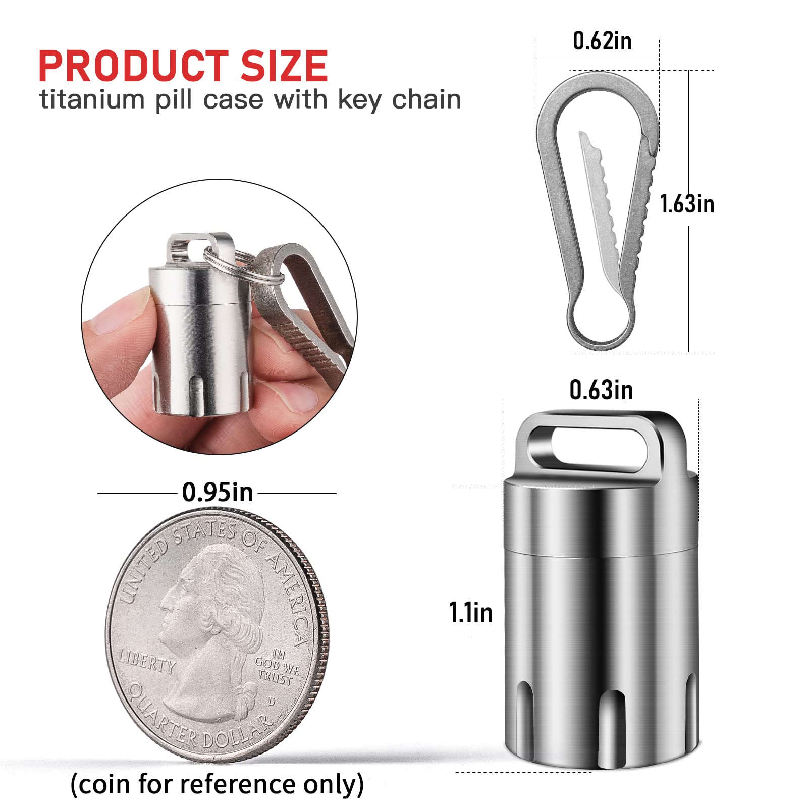 TISUR Titanium Small Pill Holder Keychain, Portable Pill Case Waterproof Pocket Pill Box Container Carrier to Hold Pills, Vitami