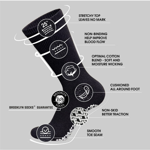 3 Pairs of Non-Skid Diabetic Crew Socks, Non Binding Top Therapeutic Cotton Gripper Socks (Black, Size: 9-11)