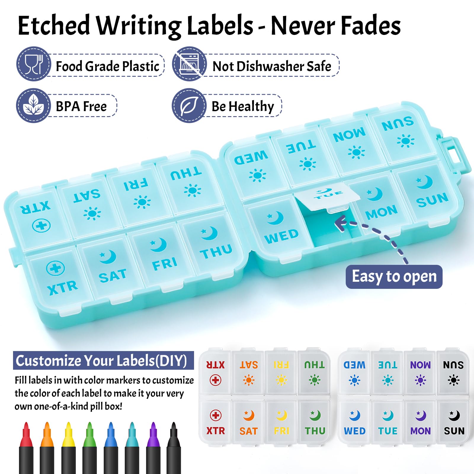 Foldable Weekly Pill Organizer 2 Times a Day with 2 Extra Compartments - Etched Labels - Portable 7 Day AM PM Medicine Box, Week