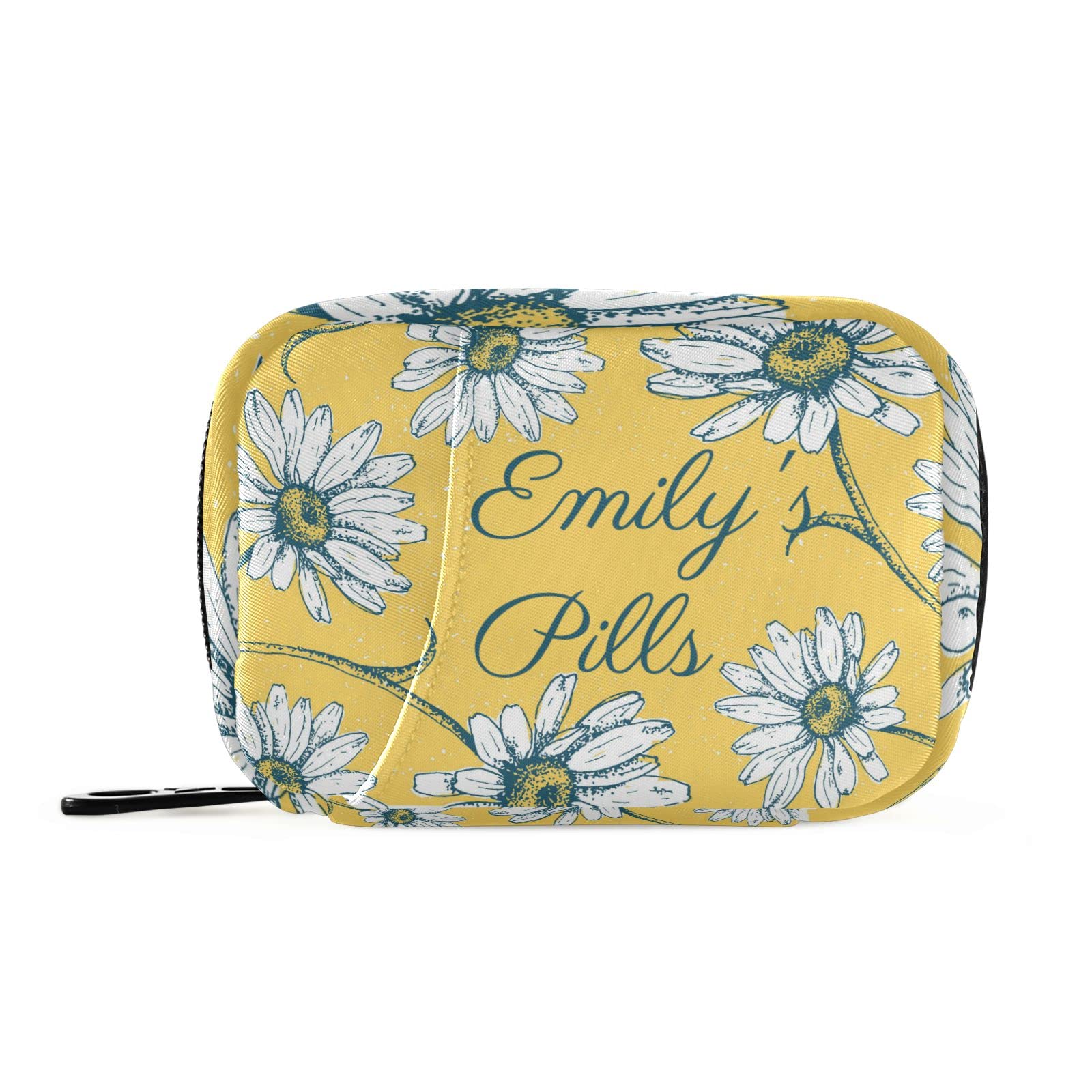 Custom Pill Box 7 Day Pill Case Bag Daisy Flowers Personalized Name Travel Pill Organizer Bag with Zipper Portable Weekly Case C