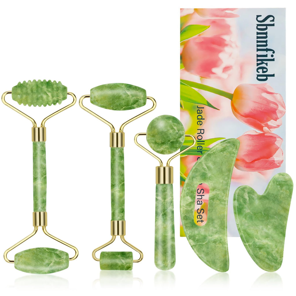 Sbnnfikeb Jade Roller and Gua Sha Set,Gua Sha Facial Tools,Face Roller,Jade Roller for Face,Guasha Tools for Face,Self Care Kit 