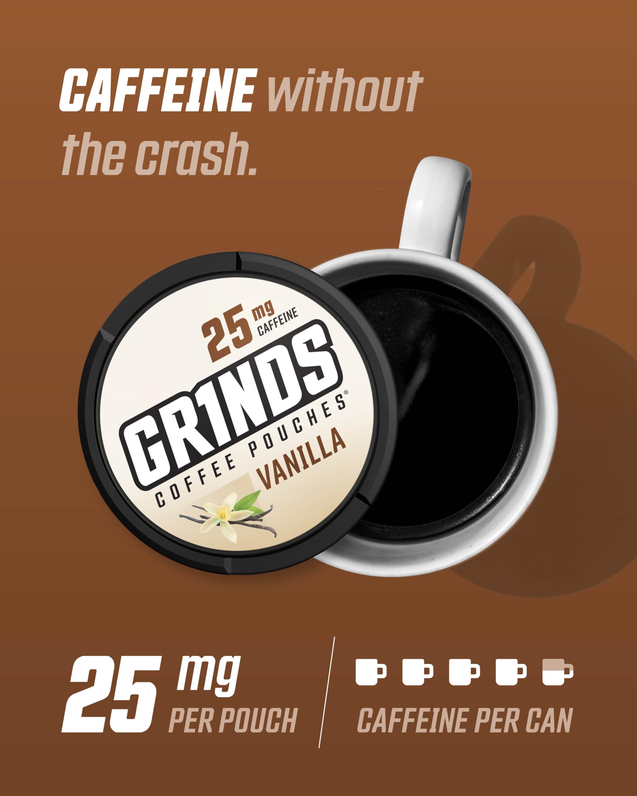 Grinds Coffee Pouches | Tobacco Free, Nicotine Free Healthy Alternative | 10 Cans of Vanilla | 18 Pouches Per Can | 1 Pouch eq.
