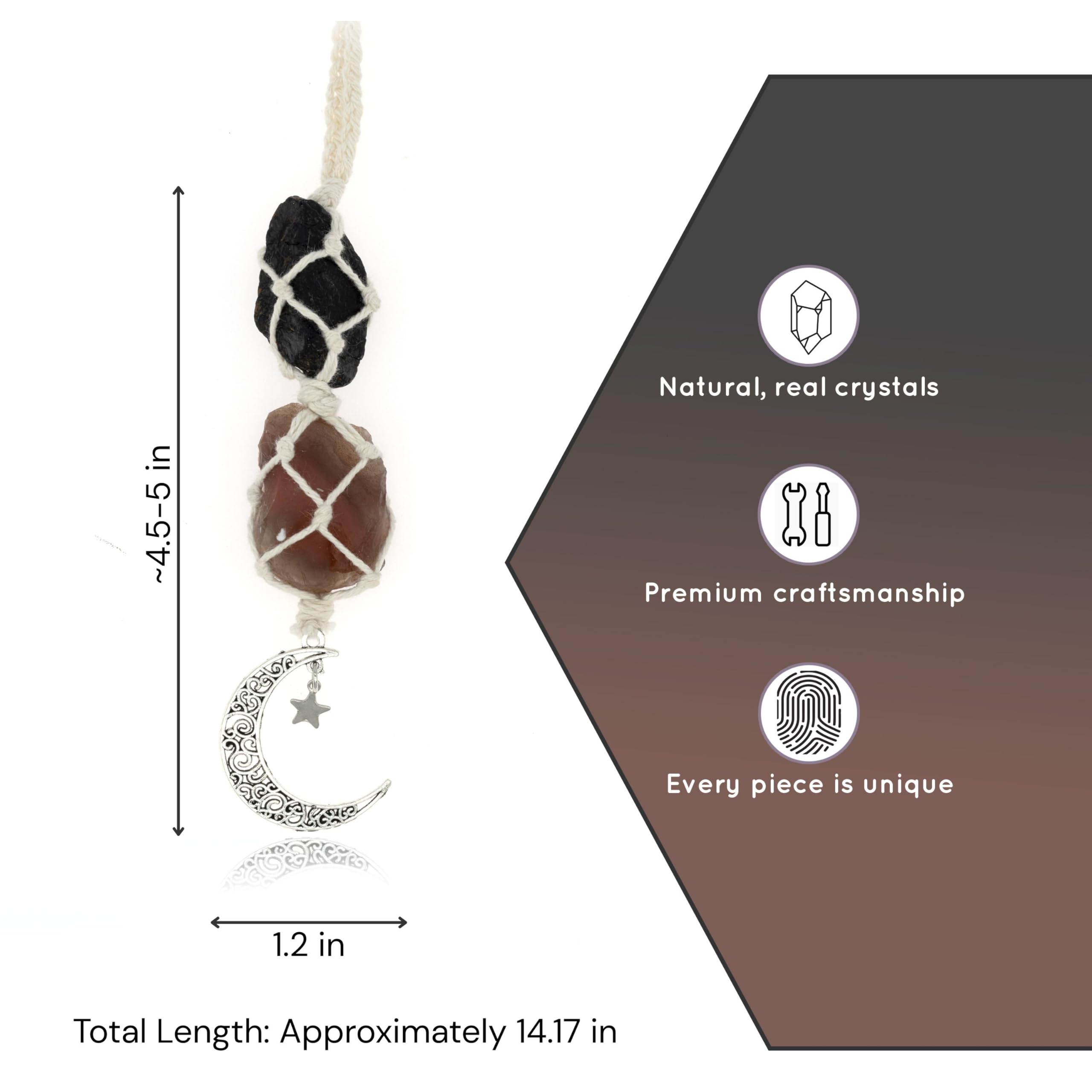 BOHO GARDEN Hanging Car Charm - Black Tourmaline & Carnelian - Dangling Moon, Healing Crystal Accessories, Rearview Mirror Decor