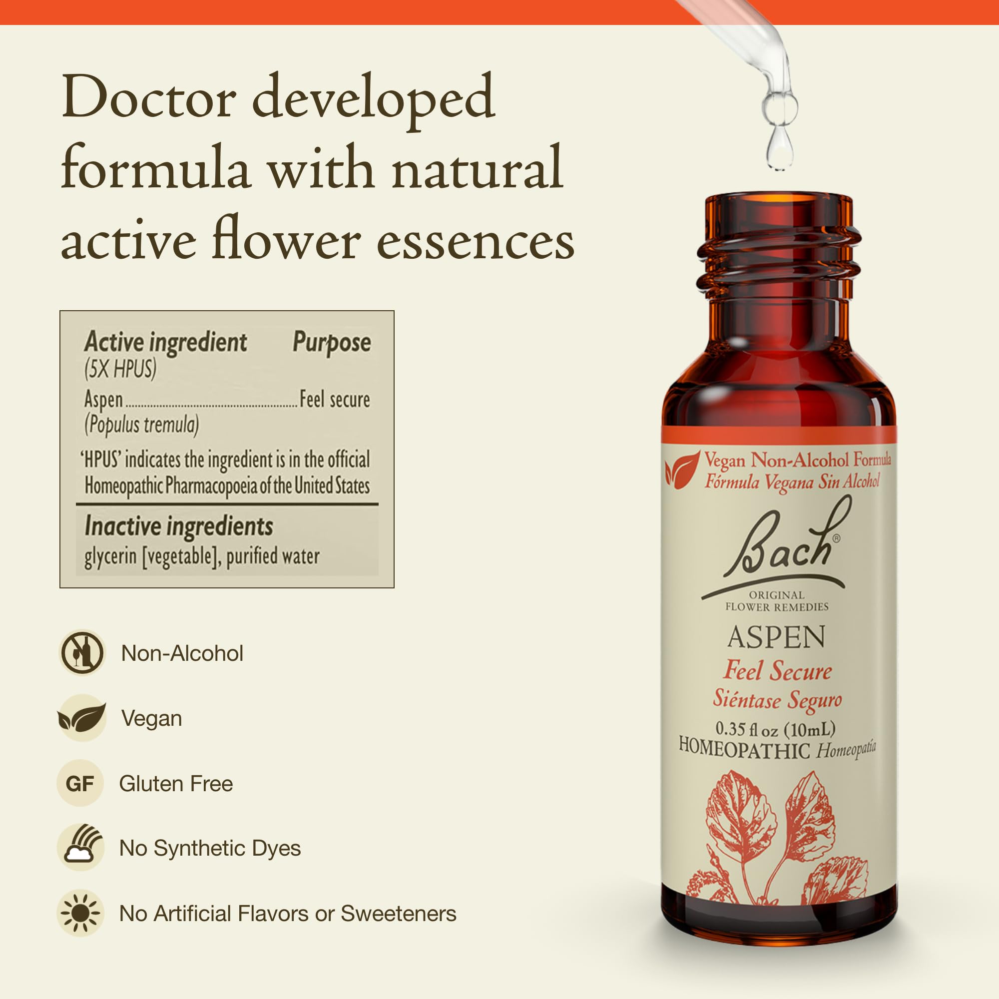 Bach Original Flower Remedies, Aspen (Non-Alcohol Formula) - Feel Secure - Natural Homeopathic Flower Essence for Emotional Bala