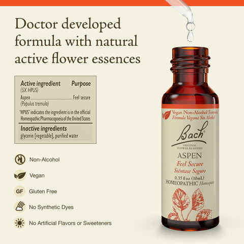 Bach Original Flower Remedies, Aspen (Non-Alcohol Formula) - Feel Secure - Natural Homeopathic Flower Essence for Emotional Bala