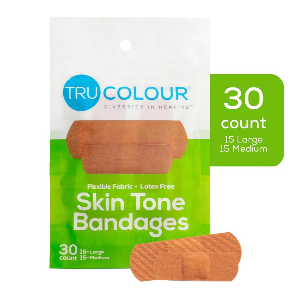 Tru-Colour Skin Tone Bandages Variety Pack - Flexible Fabric Adhesive Strips, Fingertip, Knuckle Bandages - Olive, 2 Pack, 50 Co
