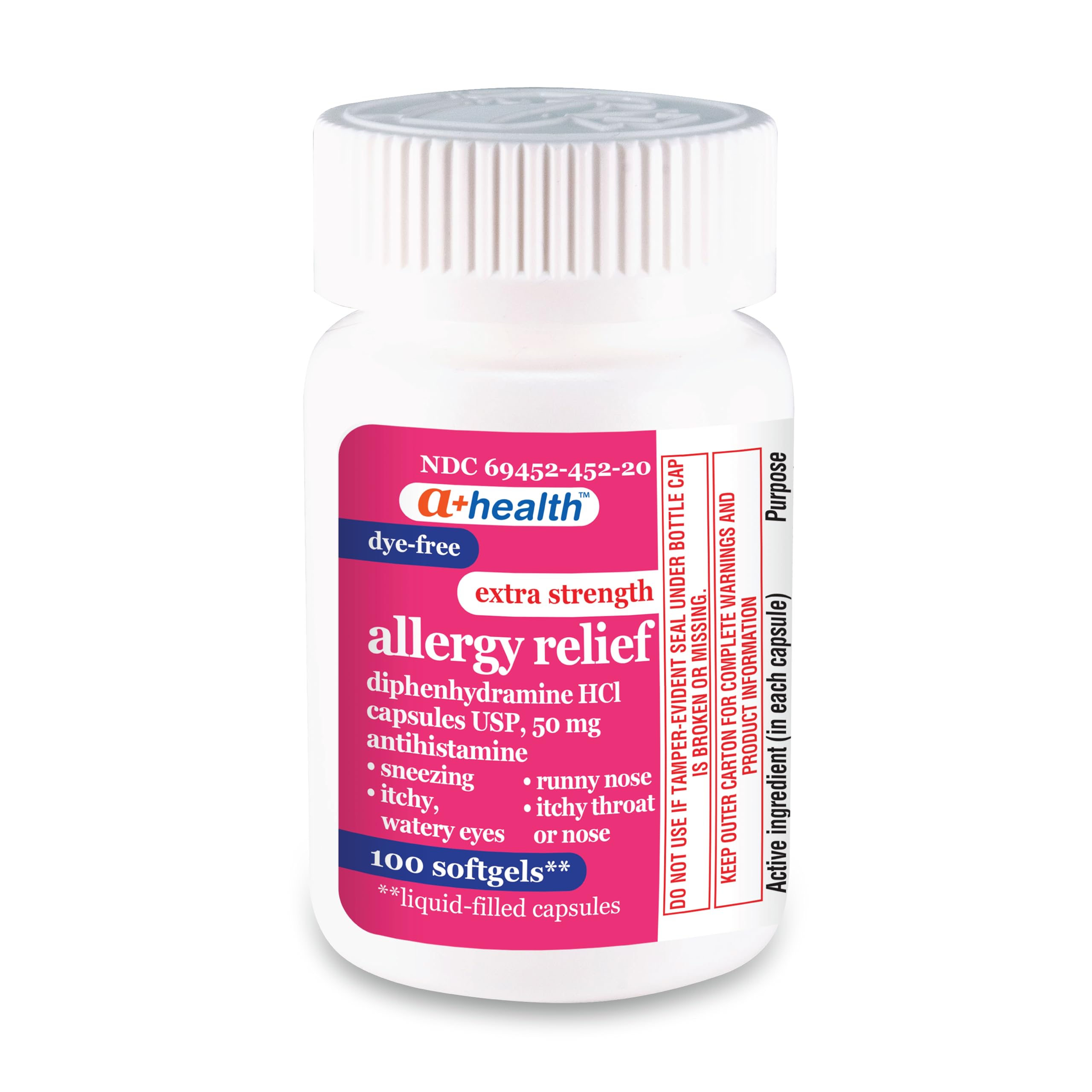 A+Health Extra Strength Allergy Relief Dye-Free Medicine, Diphenhydramine 50mg Softgels, Maximum Strength, 100 Count
