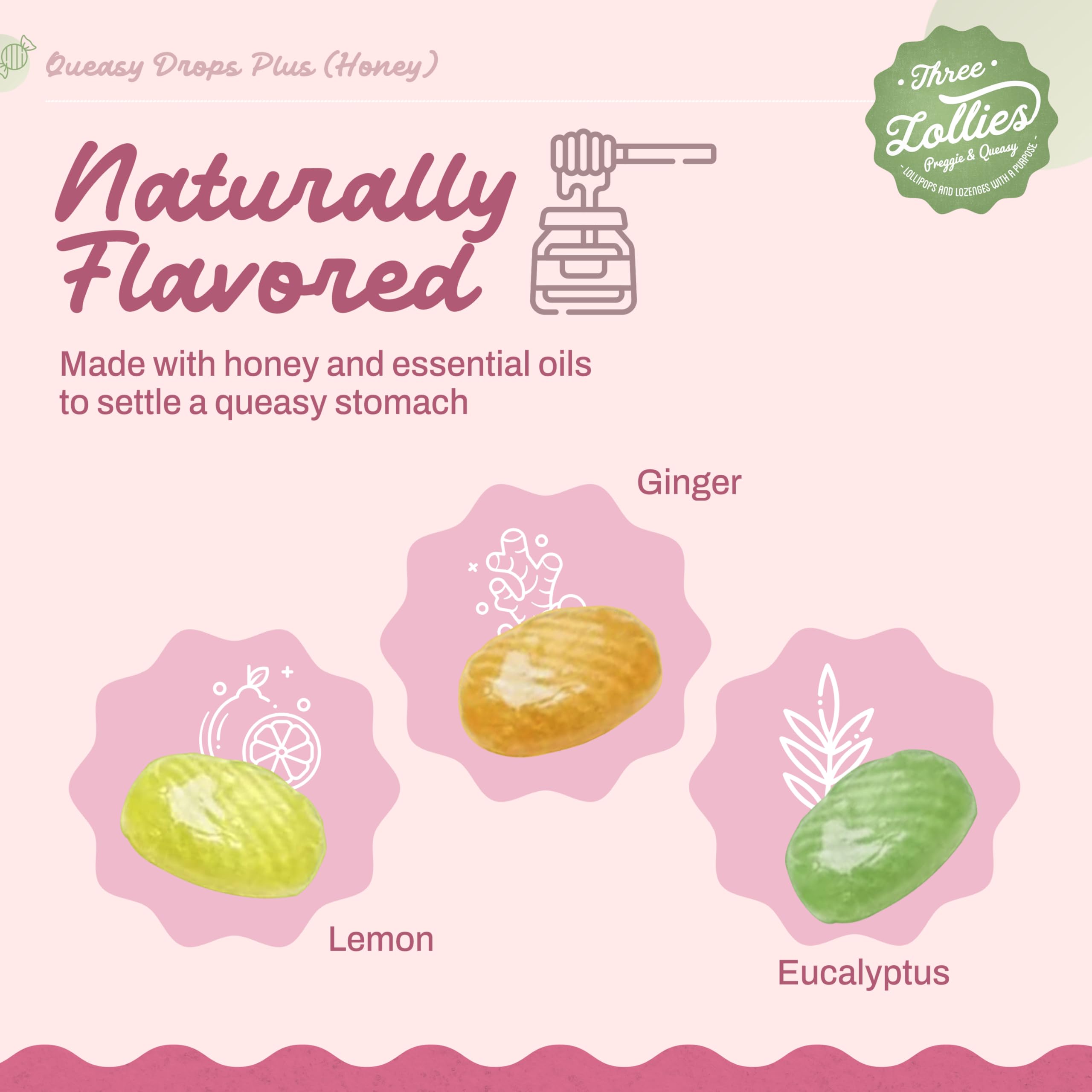 Three Lollies Queasy Drops Plus - Lozenges with Pectin & Honey to Soothe a Dry Mouth - Alleviate Nausea & Motion Sickness - Natu