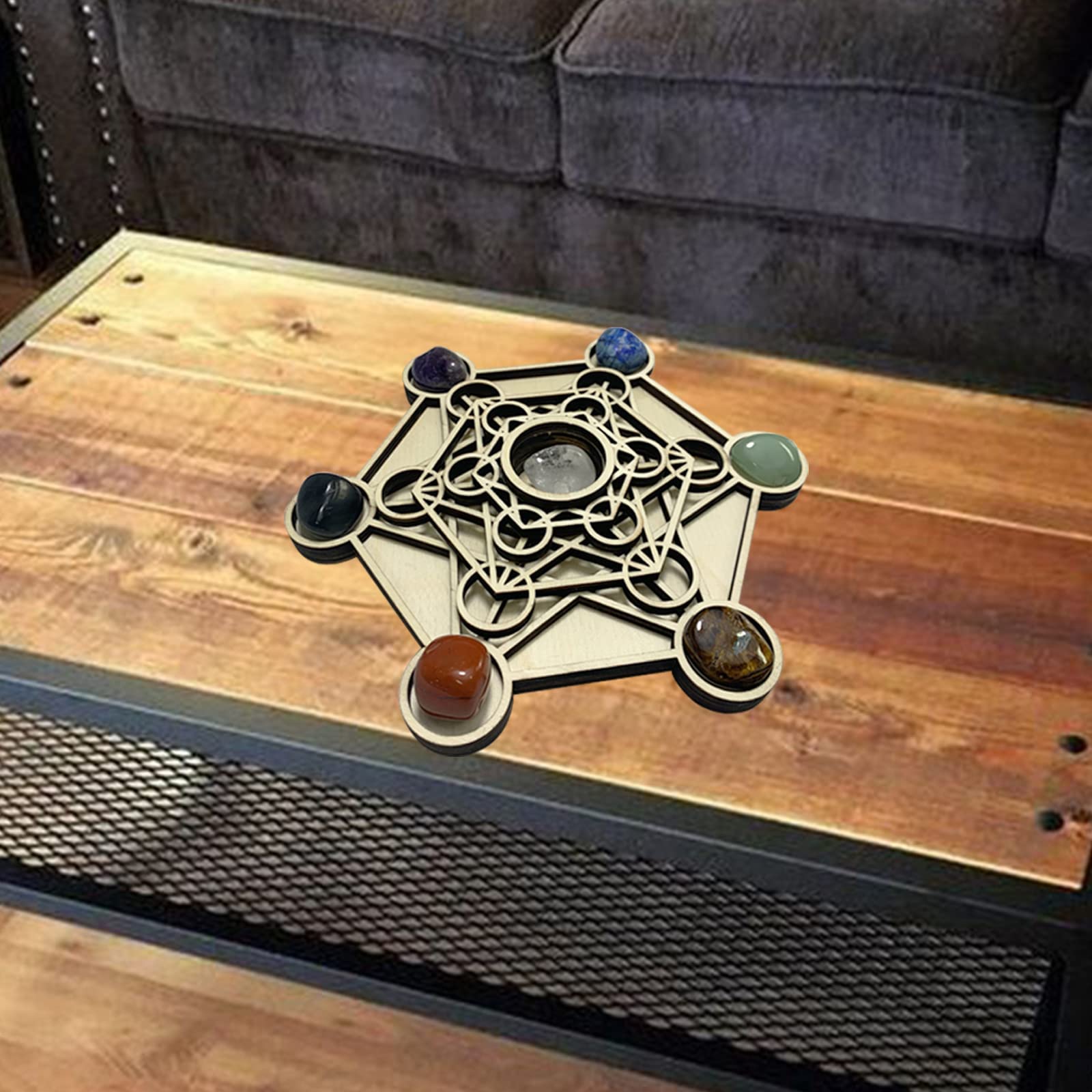 Metatron Crystal Grid Wooden Art 3D Metatron's Healing Energy with 7 Pieces Rough Seven Chakras Crystal Stone Set Sacred Geometr