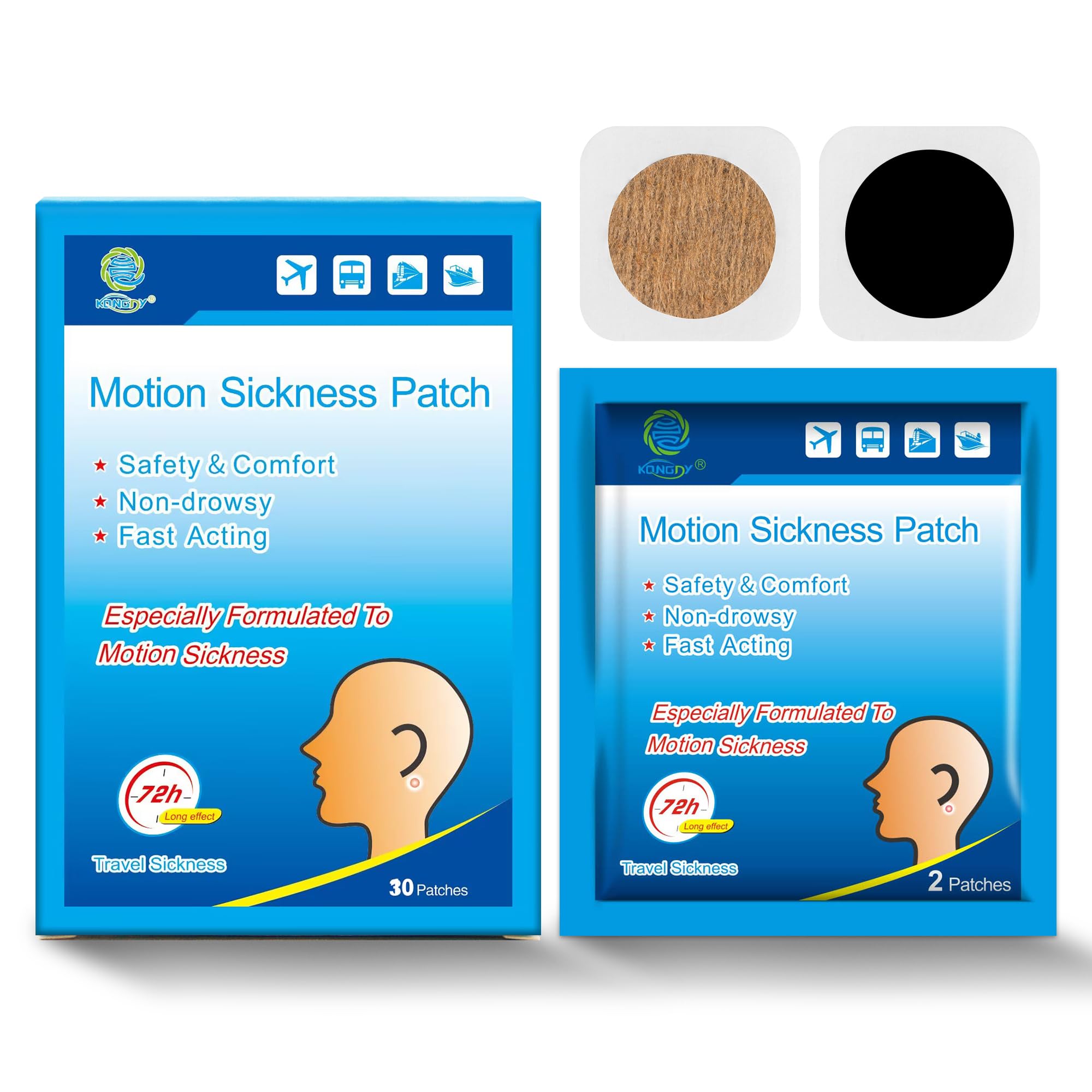 KONGDY 30 Counts Motion Sickness Patches for Boat Rides, Car Trips, Airplane Travel, Cruise Ship and Other Forms of Transport, N