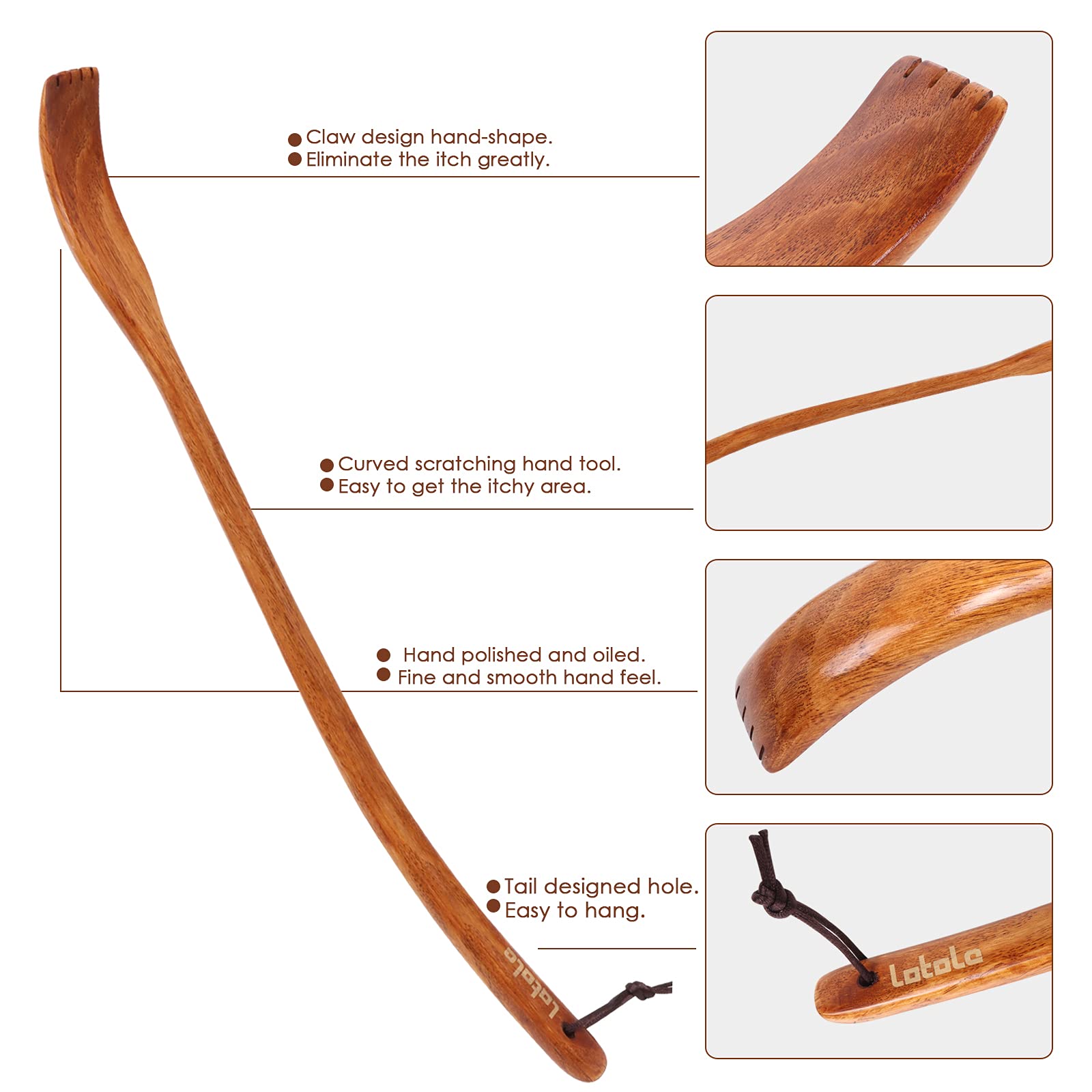 LotoLe Wooden Back Scratcher, Ergonomic Oversized Curved Long Handle Wood Back Scratcher for Men Women Adults - 16.5   , 2 Color