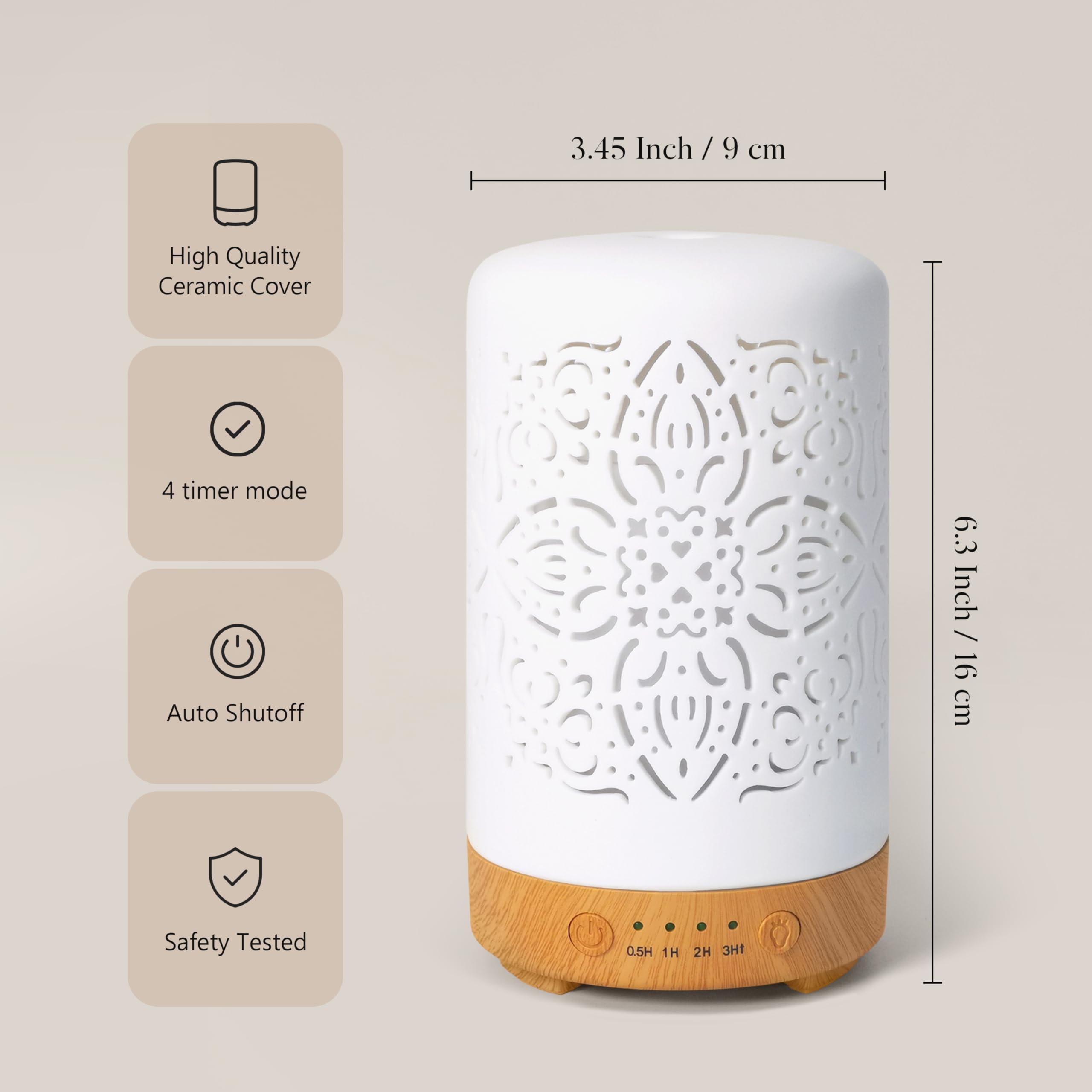 Earnest Living Essential Oil Diffuser White Ceramic Diffuser 100 ml Timers Night Lights and Auto Off Function Home Office Humidi