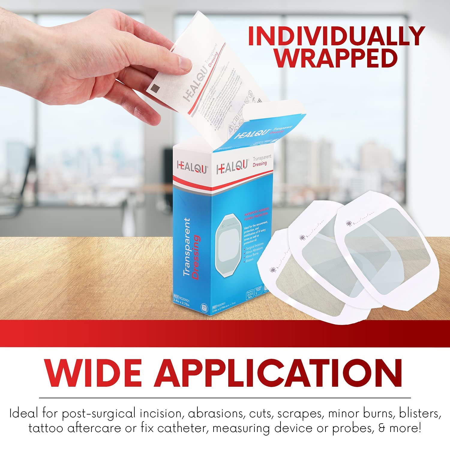Transparent Film Dressing, 4'' x 4 3/4'' Box of 50 - Waterproof Wound Bandage Adhesive Patches, Post Surgical Shower or IV Shiel