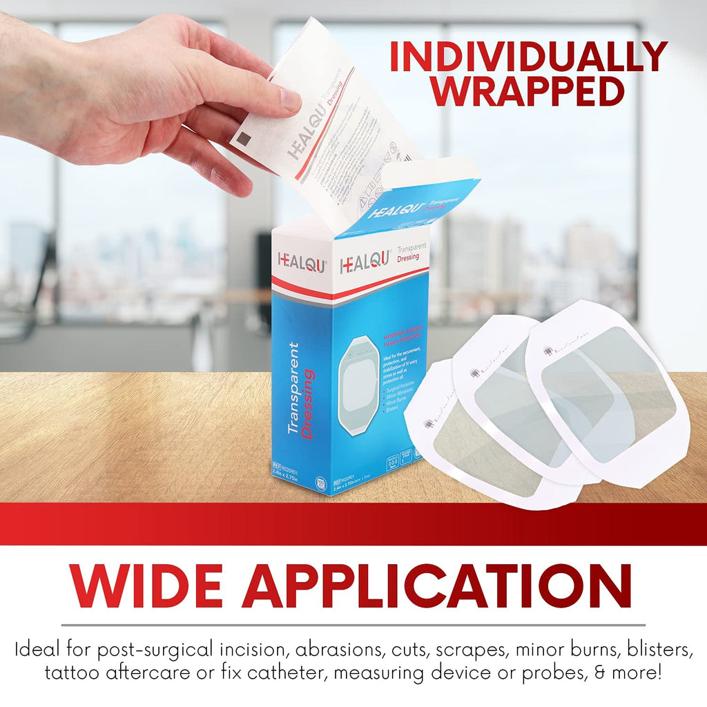 Transparent Film Dressing, 4'' x 4 3/4'' Box of 50 - Waterproof Wound Bandage Adhesive Patches, Post Surgical Shower or IV Shiel