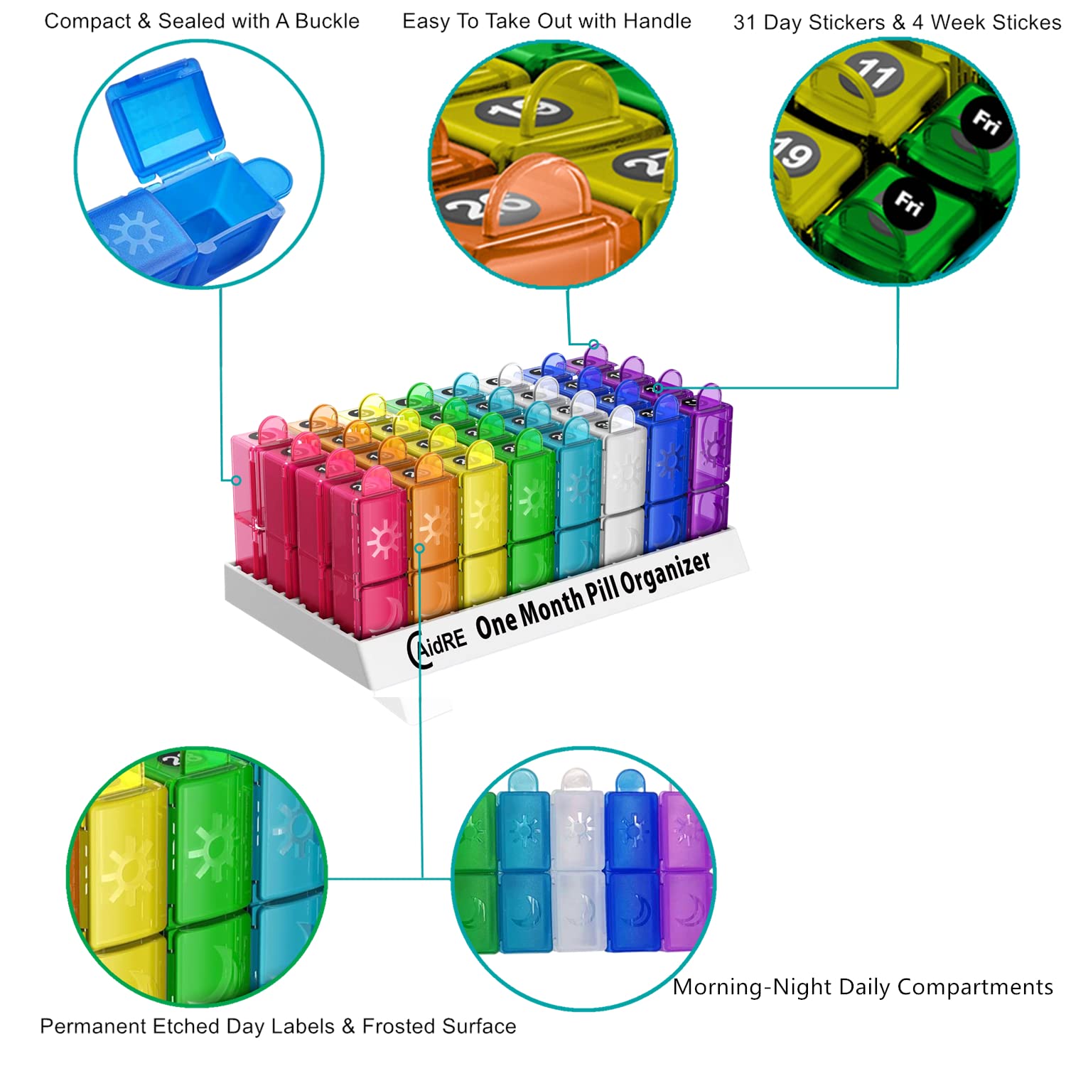CAidRE 30 Day Pill Box Organizer 2 Times a Day, AM PM, Weekly Pill Holder for Fish Oil, Vitamins, Supplements