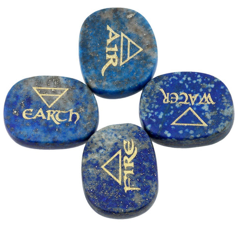 Rockcloud Healing Crystal 4pcs Engraved Triangle Symbol Stones Palm Stones Reiki Balancing, Lapis Lazuli