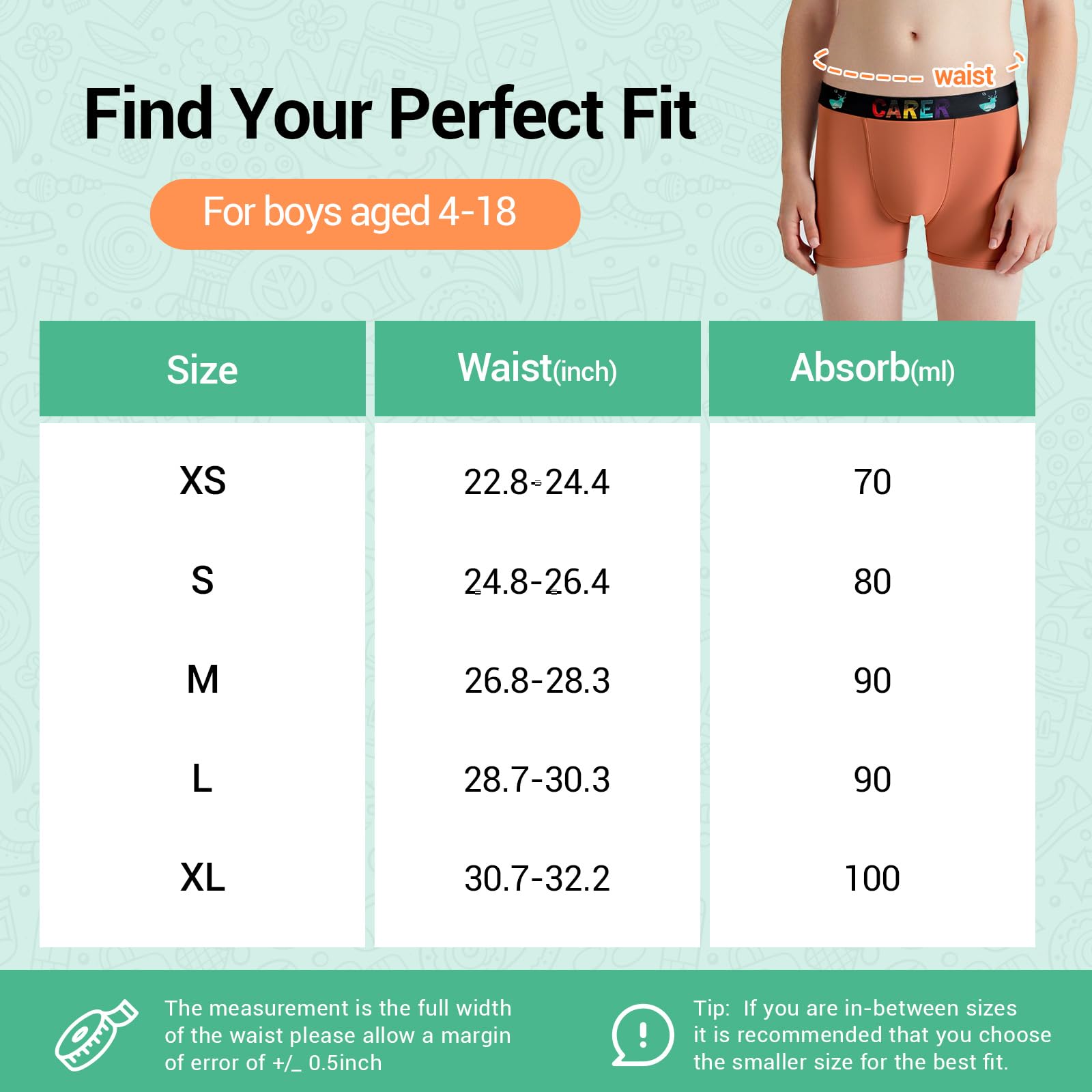 Carer Boys Incontinence Underwear Washable Kids Cotton Incontinence Boxer Briefs with Front Absorbency 80ml Reusable Leak Proof