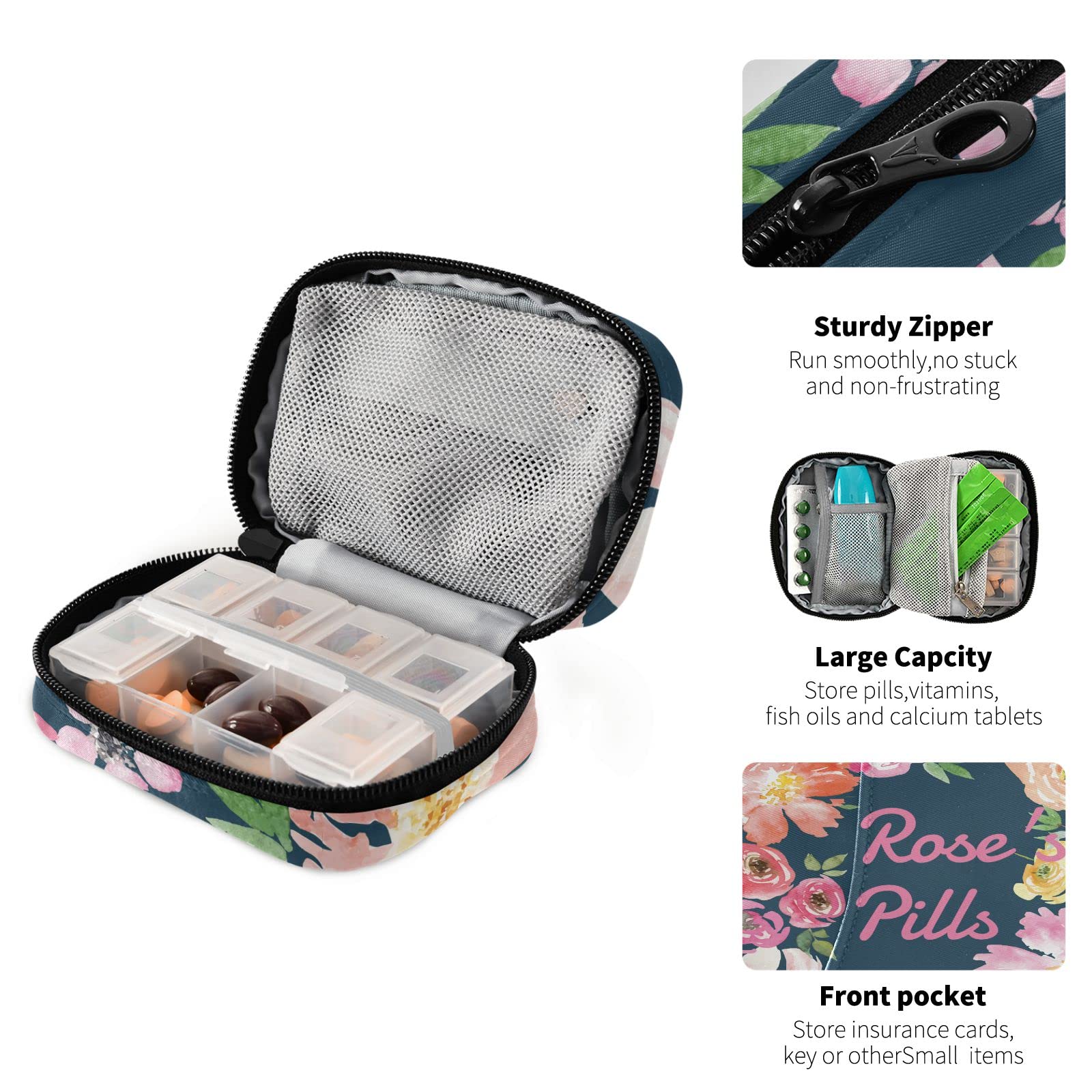 Custom Pill Box 7 Day Pill Case Bag Watercolor Floral Flower Personalized Name Travel Pill Organizer Bag with Zipper Portable We