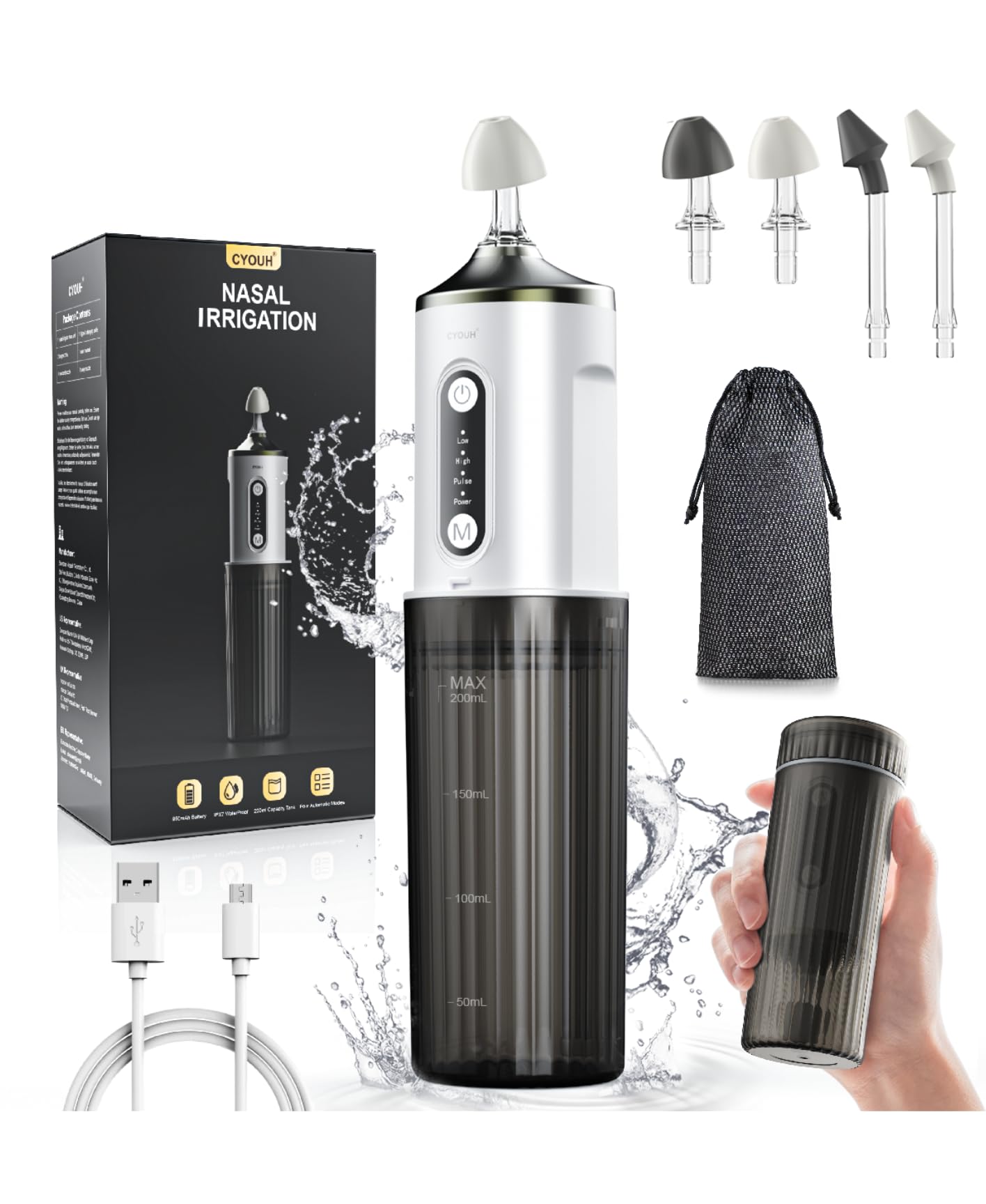 CYOUH Nasal Irrigation System Electric Neti Pot Sinus Rinse Machine 200ml for Adults & Kids with 4 Nozzles & 30 Salts, USB-C Cha