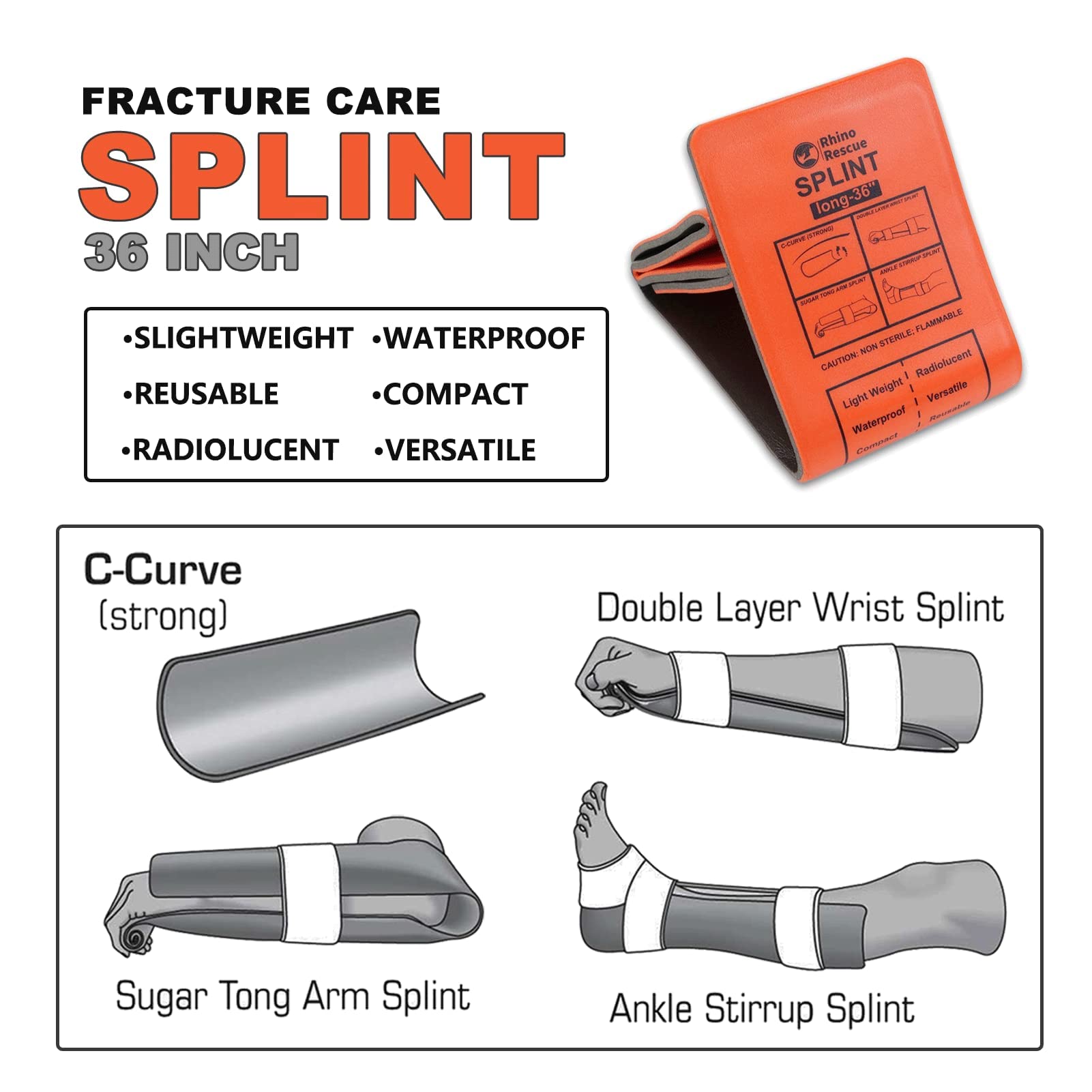 RHINO RESCUE First Aid Splint 36 X 4.3 Orange-Gray, Keep Bones in Position (1, Folded)