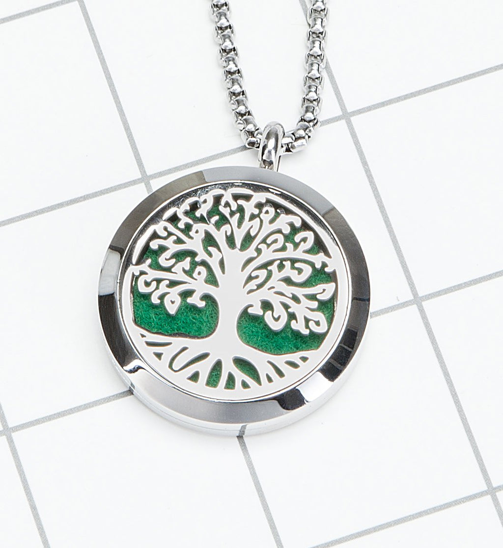 Aromatherapy Essential Oil Diffuser Necklace Tree of Life Pattern Stainless Steel Locket Pendant with 24 Inch Chain