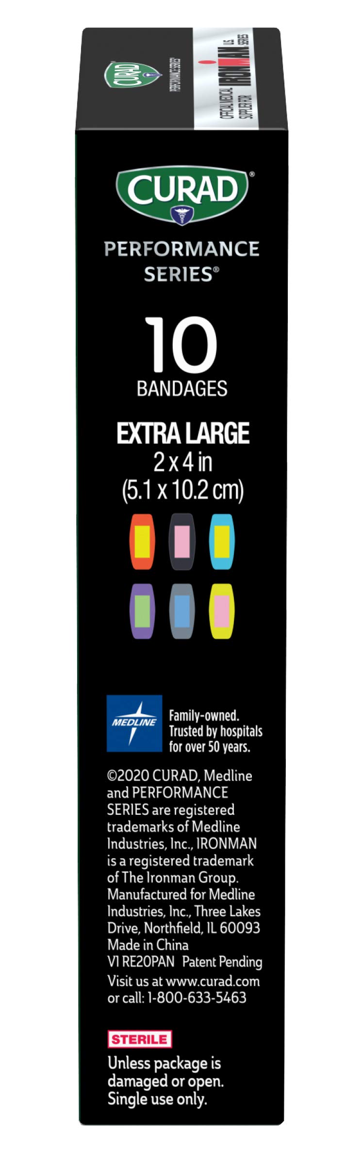 CURAD Performance Series IRONMAN Antibacterial Bandages, Extreme Hold Adhesive Technology, Extra Large Flexible Fabric Bandages