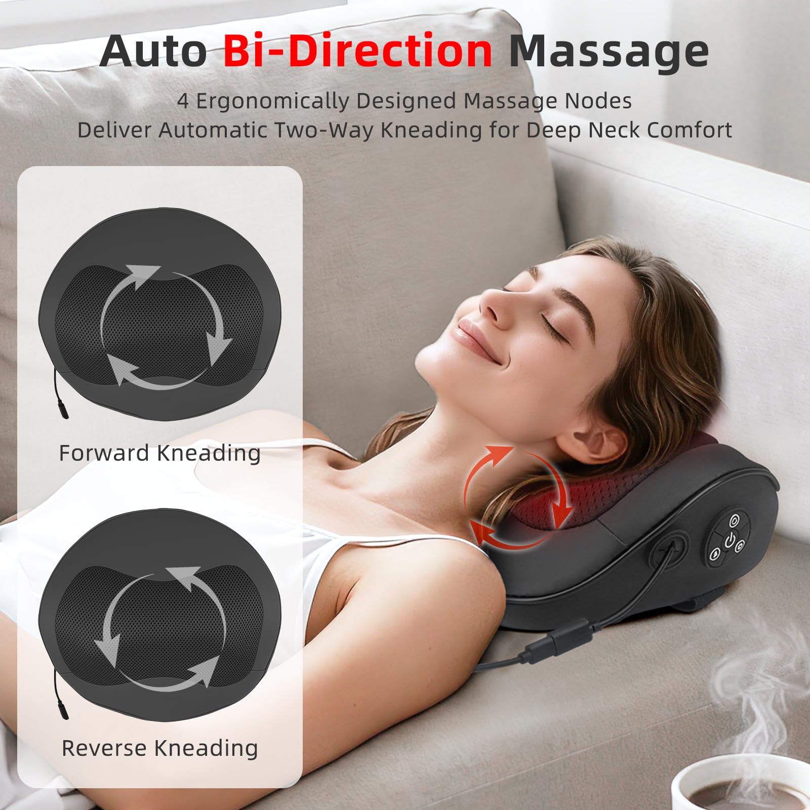 Holniva Shiatsu Car Neck and Back Massager with Heat - Rechargeable Kneading Massage Pillow for Car Seat, Home and Office - Ergo