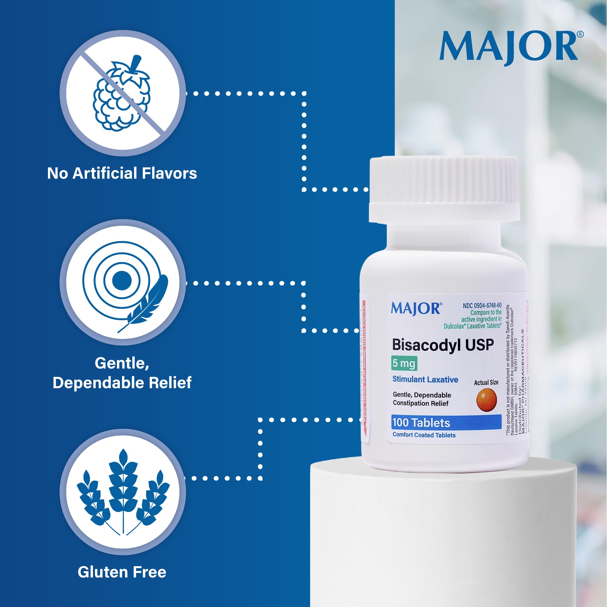 Major Pharmaceuticals Bisacodyl Stimulant Laxative, 5mg Enteric Coated, 100 Tablets
