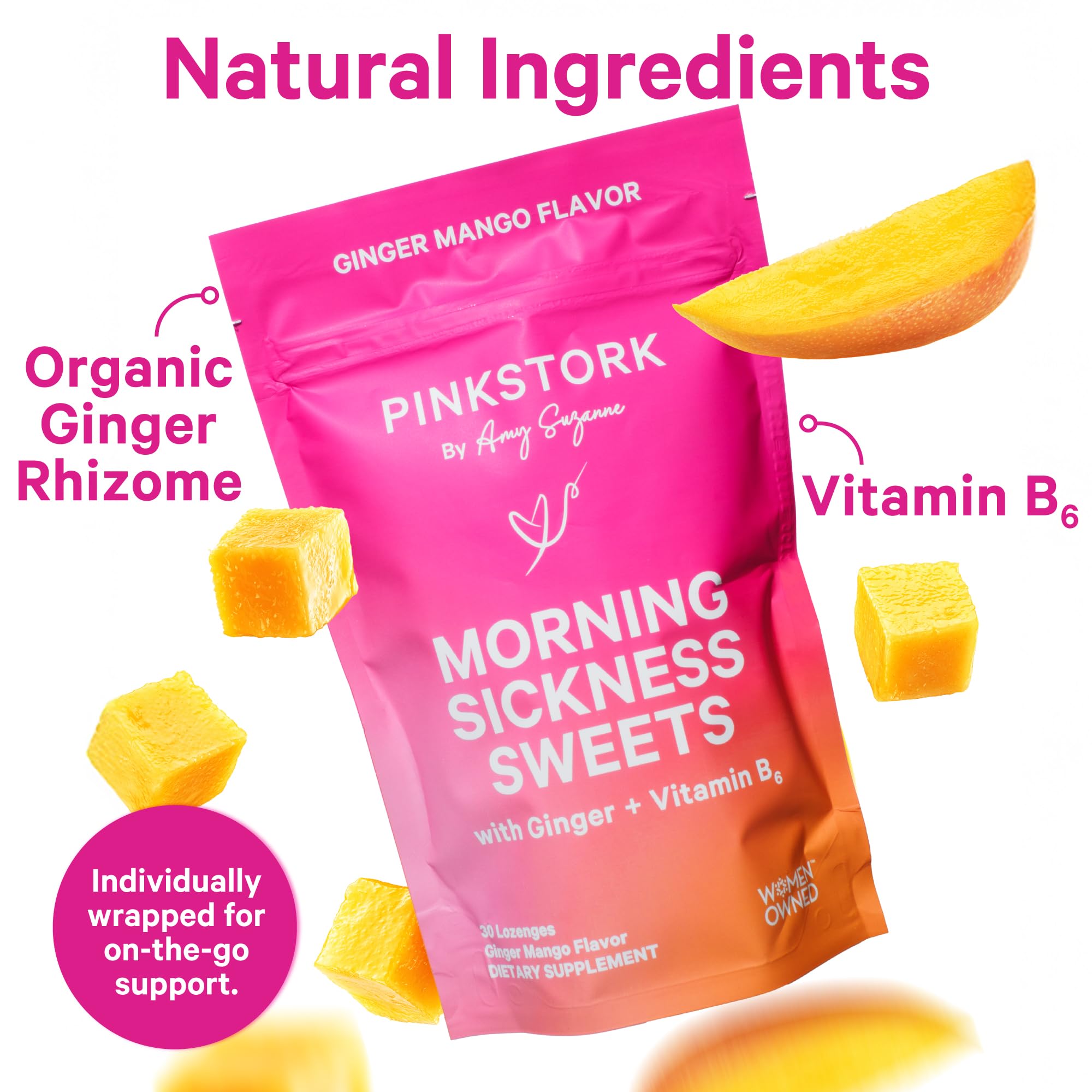 Pink Stork Morning Sickness Sweets, Organic Mango Ginger Candy with Vitamin B6 for Morning Sickness, Motion Sickness, Prenatal H