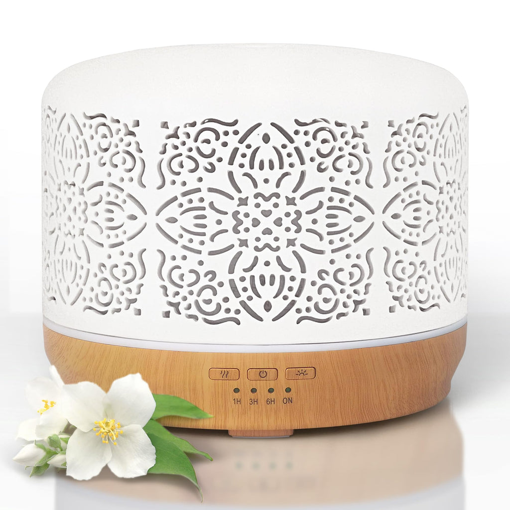 Earnest Living Essential Oil Diffuser White Ceramic Diffuser 500 ml Timers Night Lights and Auto Off Function Home Office Humidi